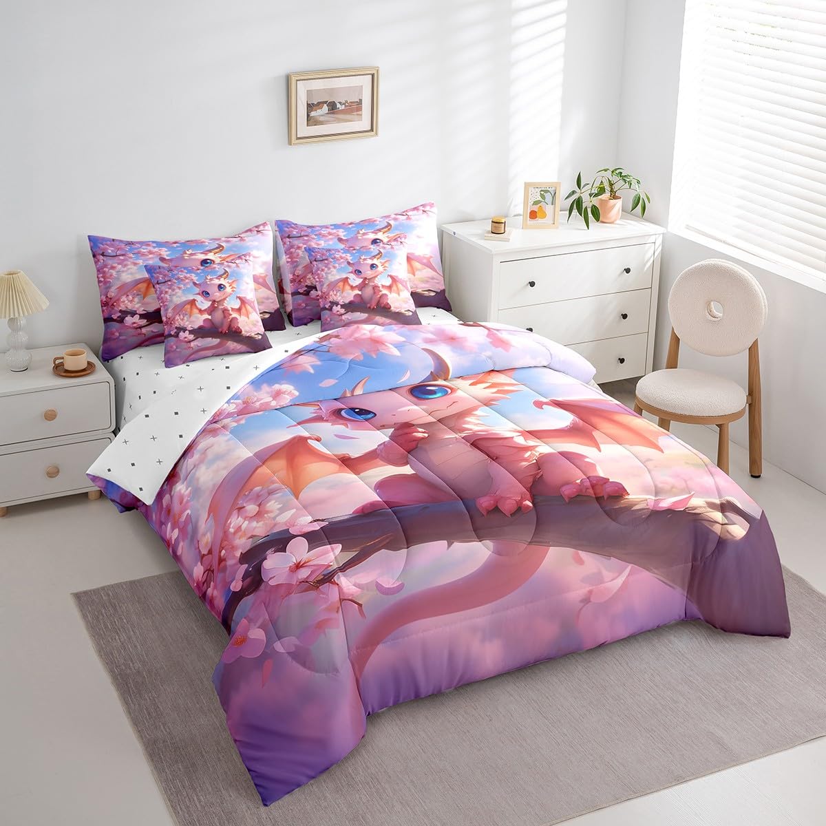 7 Pieces Cartoon Dragon Comforter Set Queen,Pink Cherry Blossom Bed Set for Kids Boys Girls,Flower Botanical Bedding(1 Comforter,1 Fitted Sheet,1 Flat Sheet,2 Pillowcases,2 Throw Pillow Cover)