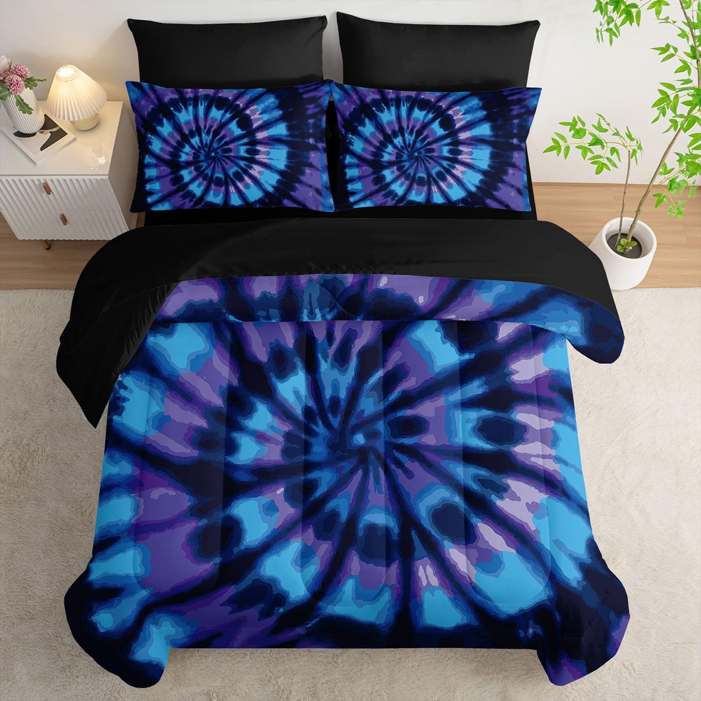 Smell Sunshine 7pcs Tie Dye Comforter Set Blue Spiral Printed Bedding Set with 1 Comforter, 1 Flat Sheet, 1 Fitted Sheet and 4 Pillowcases for Boys and Girls Bedroom (Spiral Twin