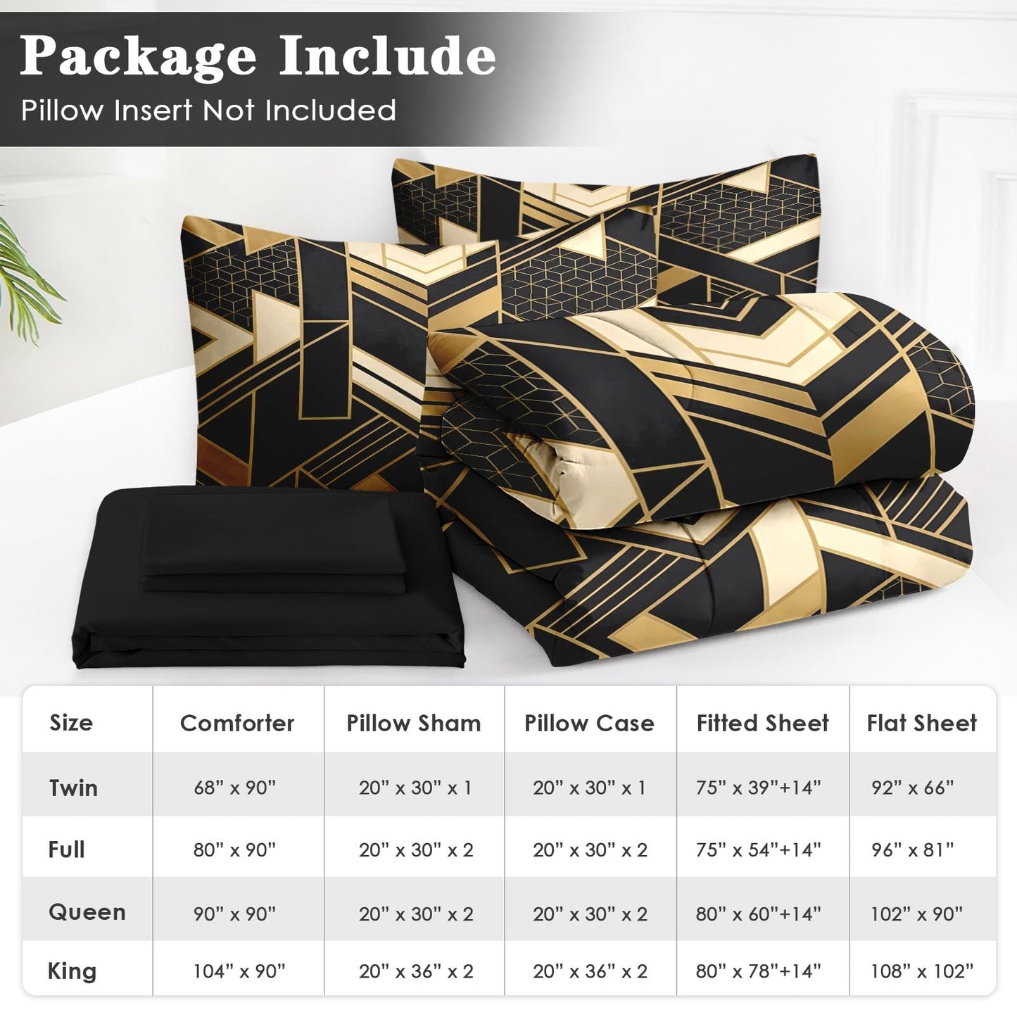 WeCozy Full Size Comforter Set with 2 Pillowcases & 2 Shams, Geometric Gold Black 7 Pcs Bedding Set for Kids and Adults, Modern Abstract Bed in a Bag with Flat Sheet and Fitted Sheet