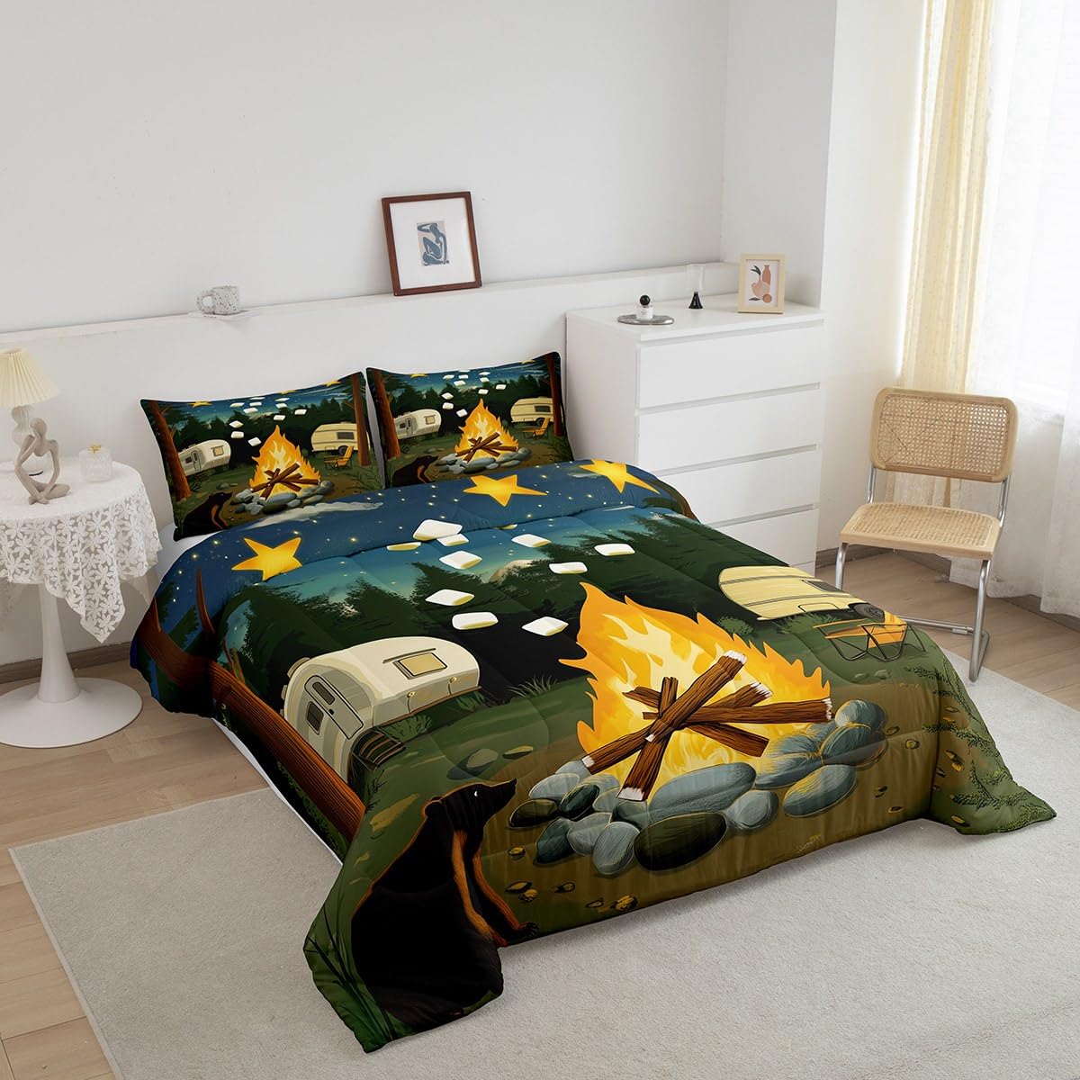 Erosebridal Rv Camper Bedding Sets King,Happy Camping Comforter Set for Kids Adults Wild Campfire Duvet Insert Rustic Starry Night Quilt