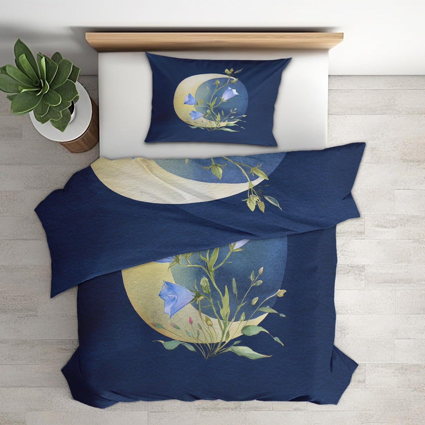Aesthetic Flower Full Duvet Cover Set 3 Piece, Blue Floral Moon Reversible Bedding with 2 Pillow Shams, Zipper & Ties, Ultra Soft Microfiber, Flower Bedroom Decorations 74A-R