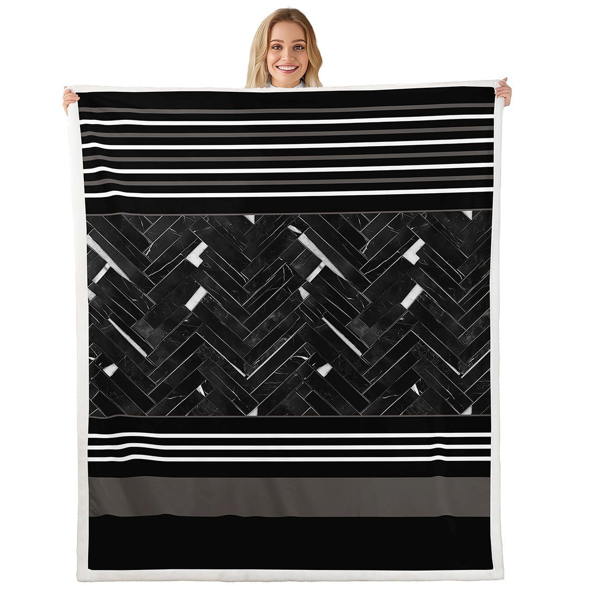 jejeloiu Black Fleece Throw Blanket Baby 30"x40" Kids Stripe Geometric Sherpa Blanket Plush Fuzzy for Bed Couch Chair Living Room, Marble Bed Blanket Room Decor