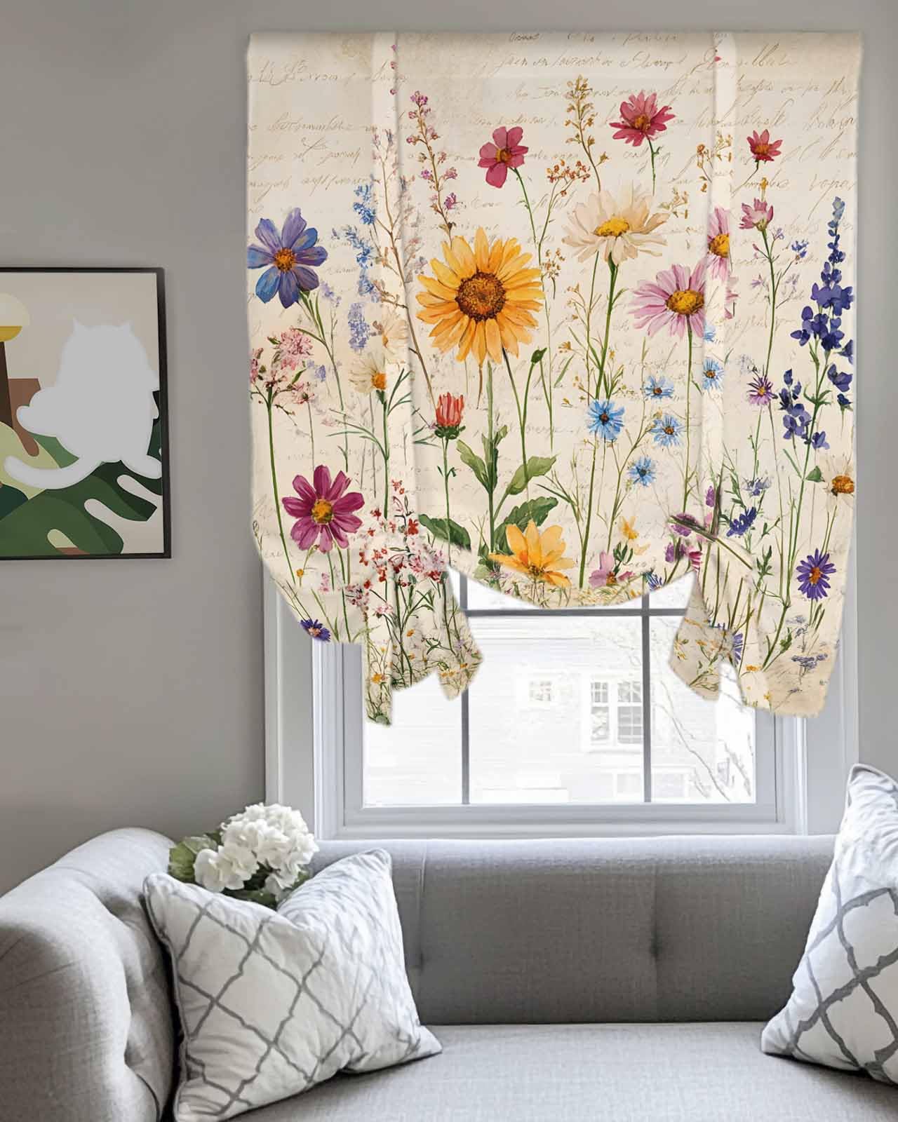 Botanical Floral Tie Up Curtains for Small Windows, Adjustable Rod Pocket Purple Pink Yellow Wildflowers Valance 45 Inch Short for Bathroom Kitchen, Retro Spring Balloon Roman Blind Shade, 34" x 45"