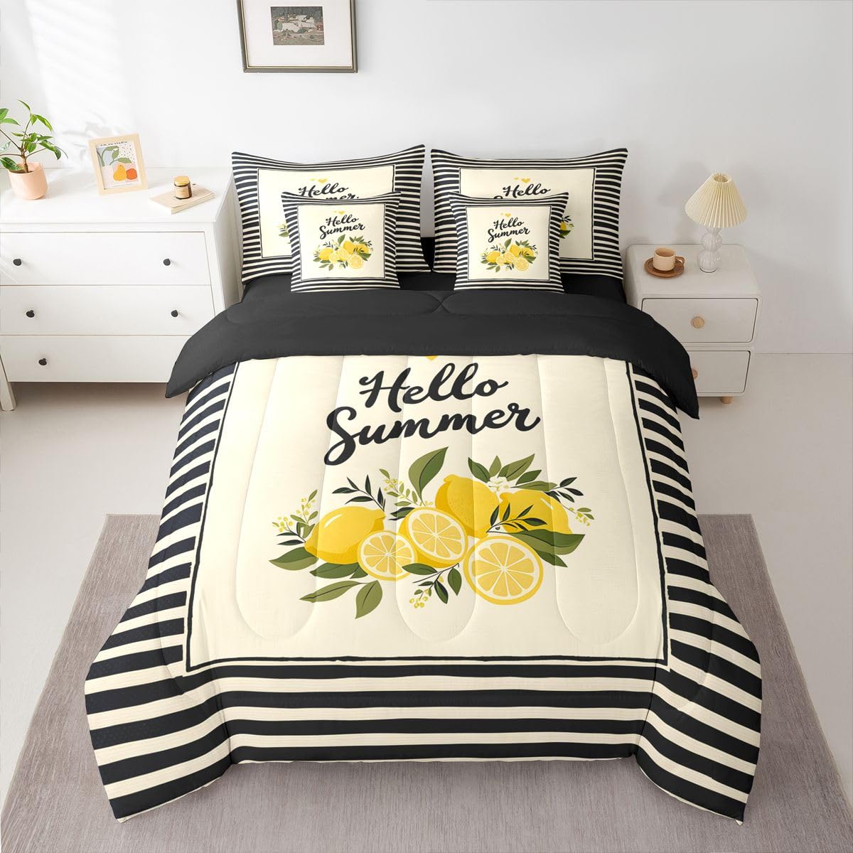Erosebridal Hello Summer Queen Bedding Set Trendy Geometric Stripes Comforter Set with Flat and Fitted Sheet Kids Adults Refreshing Lemon 7-Piece Bed in a Bag Yellow Black Fruit Art Quilt Sets