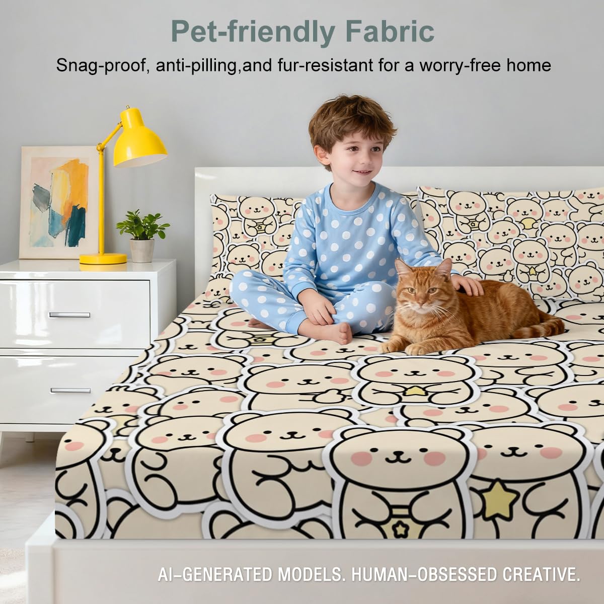 ARIGHTEX Cute Bear Fitted Sheet Set Twin Size, 3 Pieces Soft Cozy Kawaii Bear Bedding for Comfort Sleep, Neutral Cartoon Teddy Microfiber Deep Pocket Bed Sheets with 2 Pillowcases (No Flat Sheet)