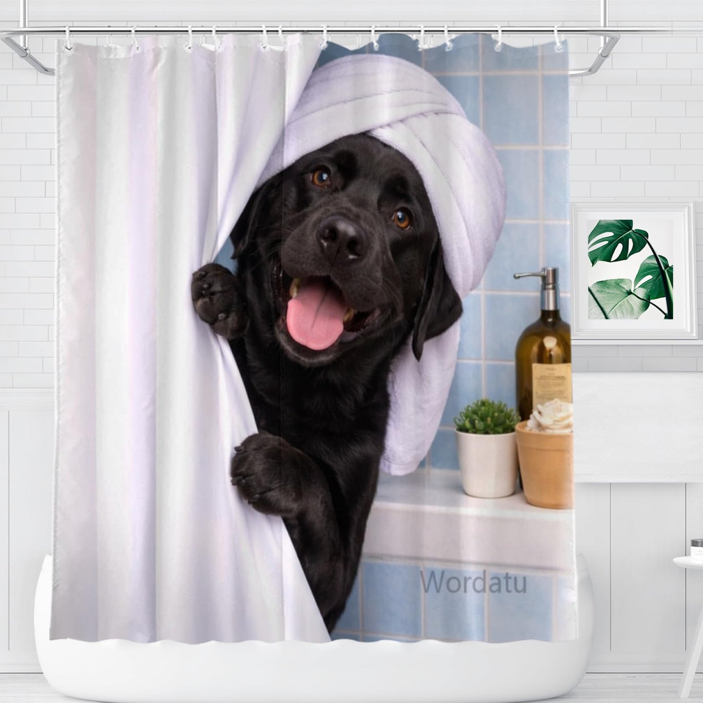 Wordatu Funny Black Labrador Dog Shower Curtain Cute Pet Animal Fabric Bathroom Decor Curtain with 12 Hooks, 72Wx72H(24661)