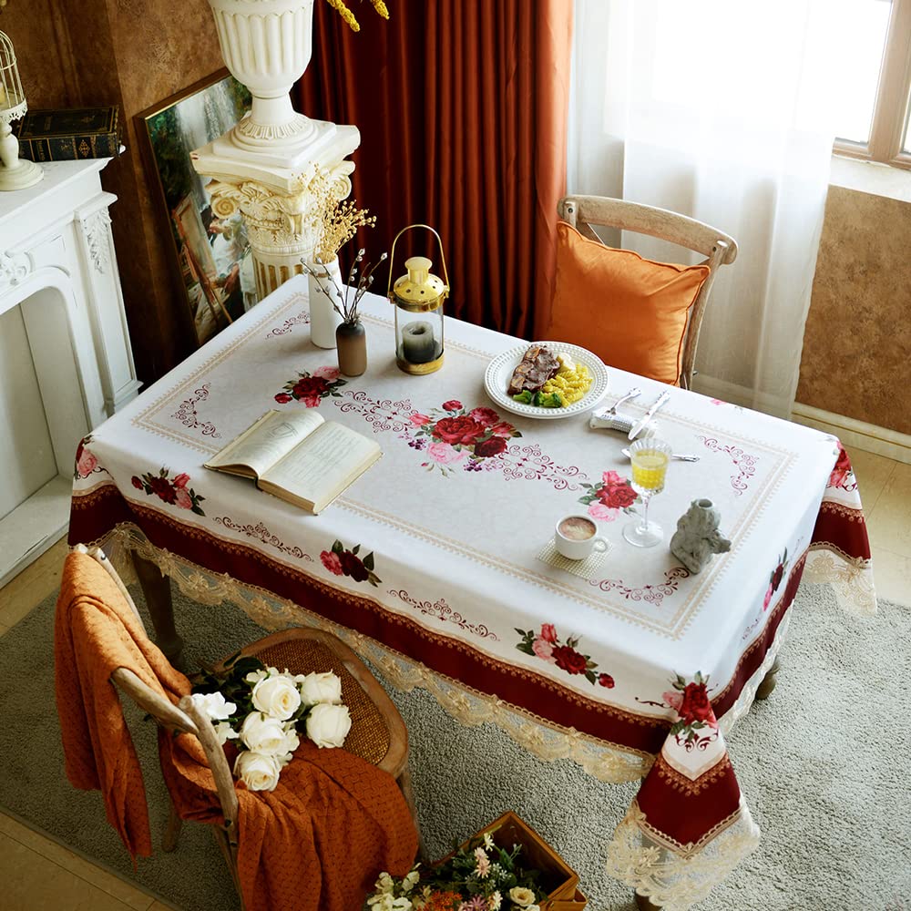 SUTAVIA Lace Embroidered Table Cloth,Rectangular Farmhouse TableCover,Classic Oblong Antique Flower Decor Macrame Tablecloth (Burgundy, Rectangle/Oblong, 52 x 70 Inch,4-6 Seats)