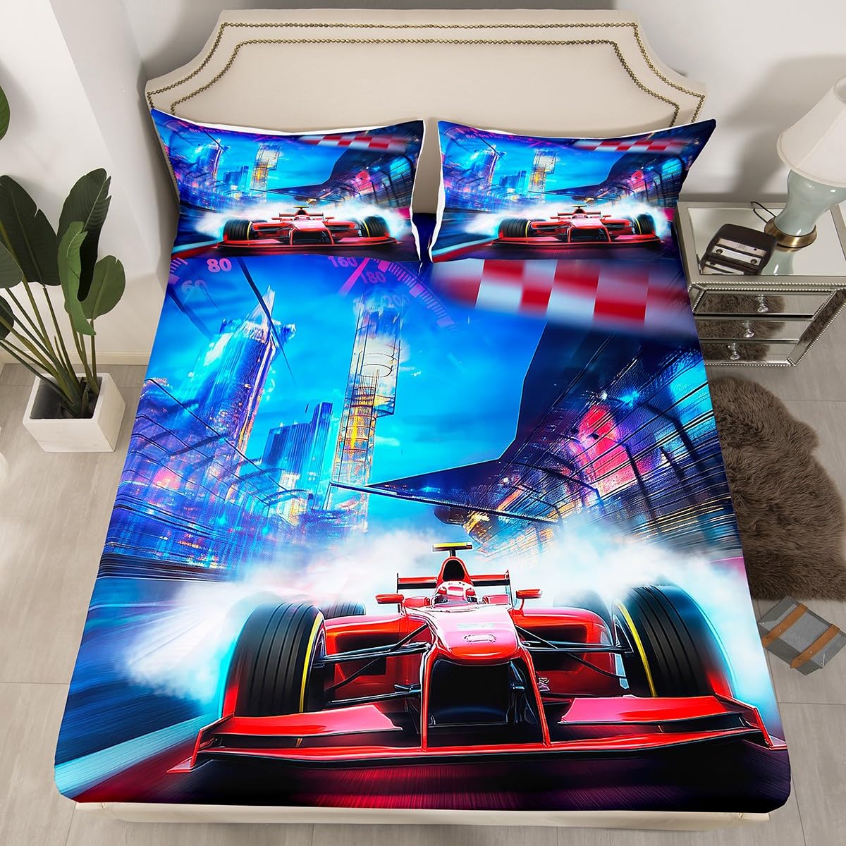 Erosebridal Racing Car Fitted Sheet Racer Bedding Set Extreme Speed Race Bed Cover for Kids Teen Boys Young Man Red Vehicle Bedclothes with 1 Pillow Case Bedroom Decor Twin Size