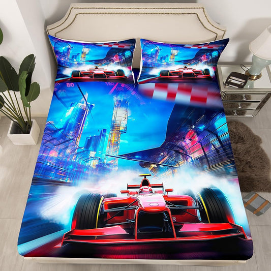 Erosebridal Racing Car Fitted Sheet Racer Bedding Set Extreme Speed Race Bed Cover for Kids Teen Boys Young Man Red Vehicle Bedclothes with 1 Pillow Case Bedroom Decor Twin Size