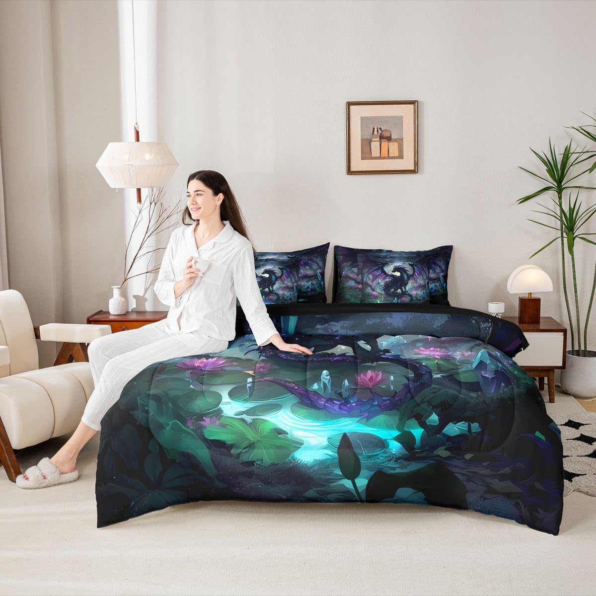 Feelyou Dragon Comforter Set with Sheets 7 Piece Twin Size Dragon Stuff Bedding Set for Kids Boys Girls Wild Life Bed in a Bag Magic Wildlife Room Decor Black Purplish Soft Lightweight Microfiber