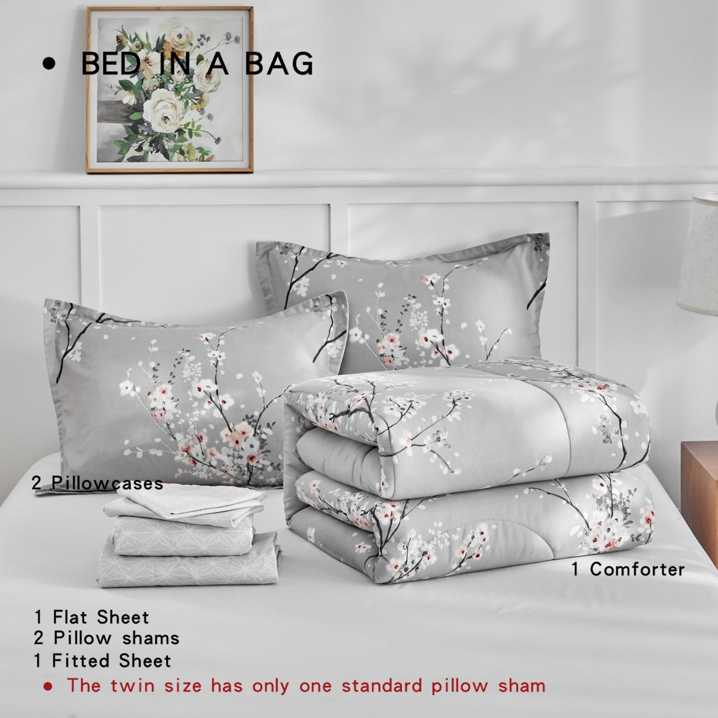 AIKASY Bed in a Bag 7 Pieces Queen Size - Floral Print - Soft Microfiber, Reversible Bed Comforter Set (1 Comforter, 2 Pillow Shams, 1 Flat Sheet, 1 Fitted Sheet, 2 Pillowcases)（Grey, Queen）