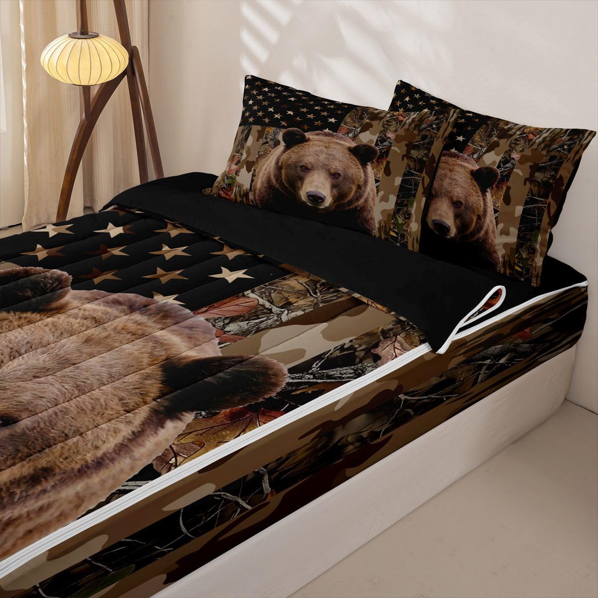 jejeloiu Bear Hunting Camo Zipper Bedding Rustic Western Bear Comforter Set for Kids Boys Girls Twin Size Brown Camouflage Zippered Kids Bedding Set Ultra Soft American Flag Bed in a Bag