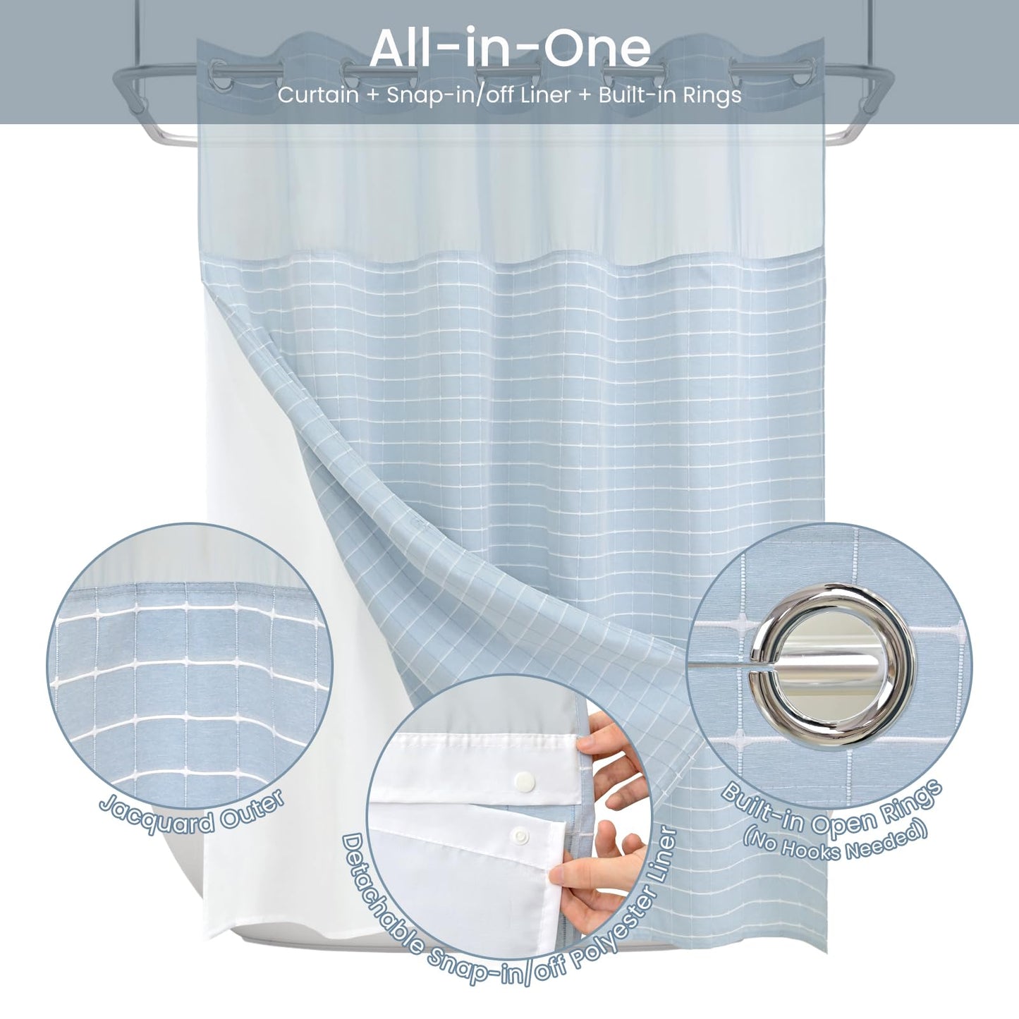DRIFTED ROOT No Hook Shower Curtain Set with Snap-in Detachable Liner and Mesh Top Window, Grid Jacquard Fabric, Water-Repellent, 4 Hem Magnets, Side Suction Cups, Blue, 72 x 80 Inch