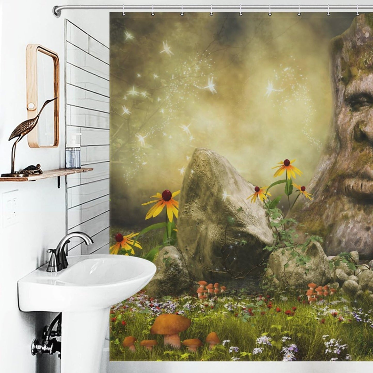TYVGICZ Bohemian Fantasy Shower Curtain, Magic Forest Enchanted Woods Mystical Landscape Nature Tree Floral Mystical Landscape Bath Curtain for Bathroom Laundry Room Home Bedroom Decor,66x72 Inch