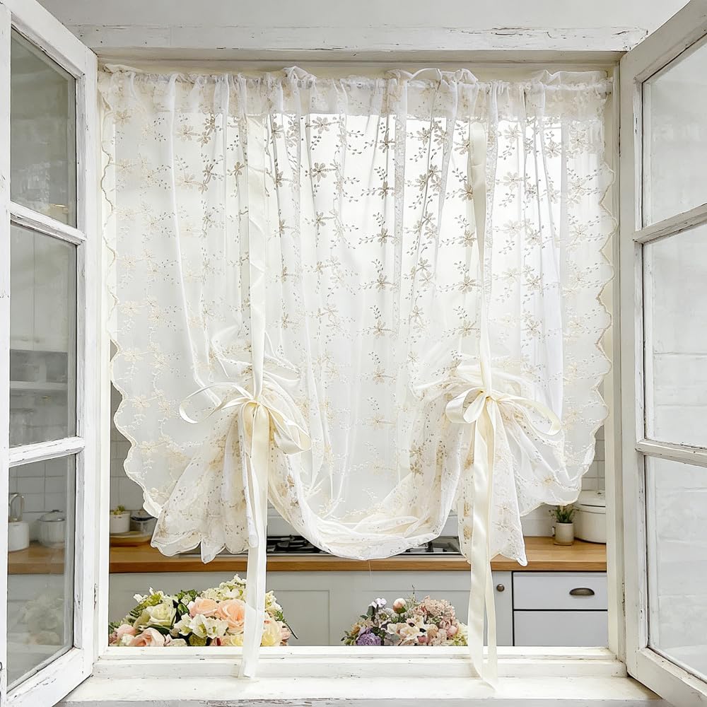 Beige Romantic Little Floral Woven Lace Tie Up Balloon Curtain for Kitchen