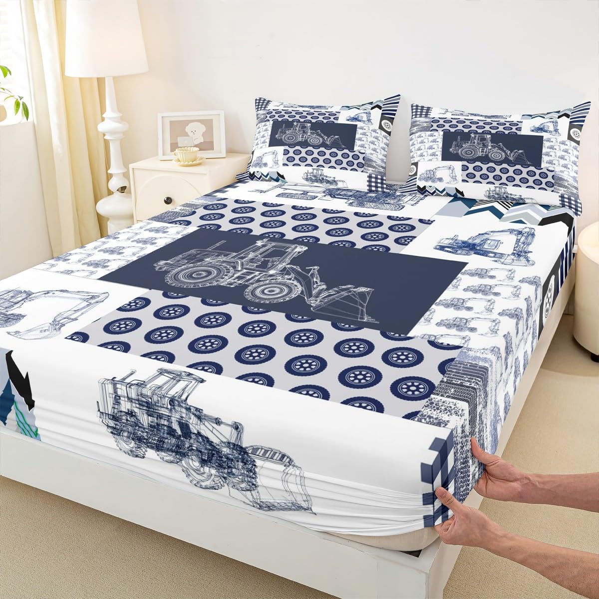 Kids Construction Sheet Set Full Size Equipment Trucks Bed Sheets Set Cartoon Car Excavator Tractor Sheets with Deep Pocket Fitted Sheet Construction Vehicles Plaid Grid Blue and White Bedding Set
