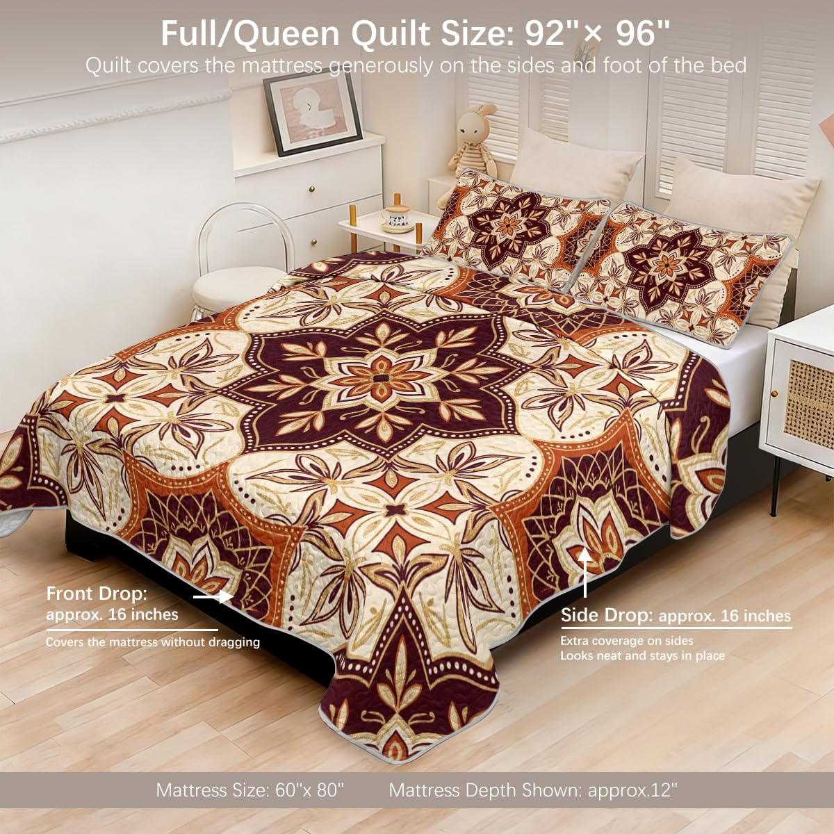 Boho Medallion Quilt Set, Warm Terracotta and Cream Lightweight Microfiber Bedspread with Matching Pillow Shams, Decorative Stitching for Cozy Bedroom Decor, Full/Queen