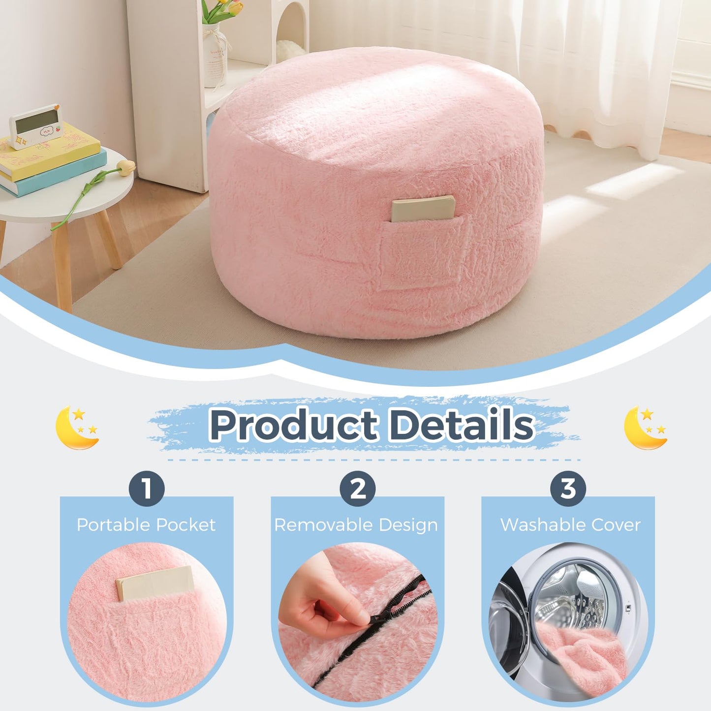 MAXYOYO Bean Bag Chair Bed for Kids, Convertible Bean Bag Folds from Lazy Chair to Floor Bed, Stuffed Floor Sofa Couch Sofa Bed for Boys and Girls, High-Density Foam Filling, Pink