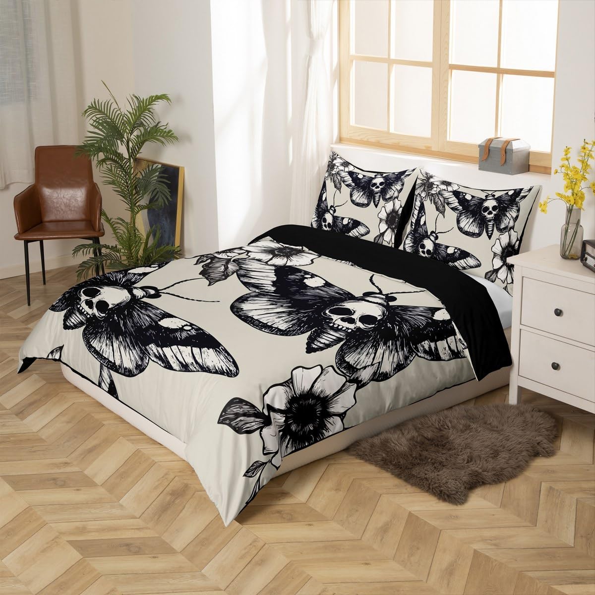Skull Comforter Cover Set King Size Moth Printed Gothic Style Duvet Cover For Teen Boys Kids Sugar Skull Pattern Botanical Floral Decor Gray White Black Soft Microfiber Bedding Set With Zipper Ties