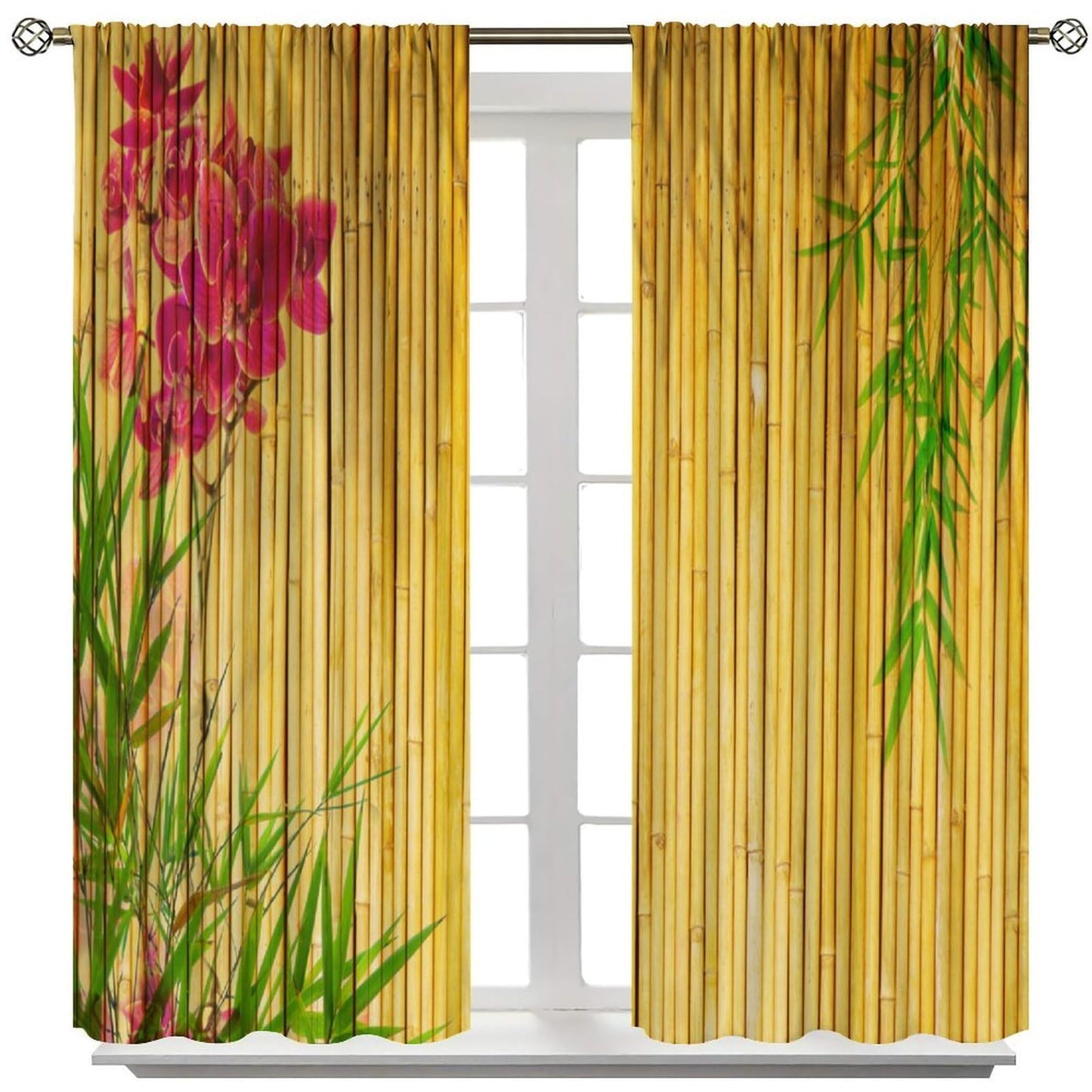 TYVGICZ Bamboo Floral Curtains, Elegantly Bamboo Asian Japanese Chinese Leaves Yellow Red Pink Green Window Treatments for Bedroom Living Room Drapes 2 Panels 42x45 Inch