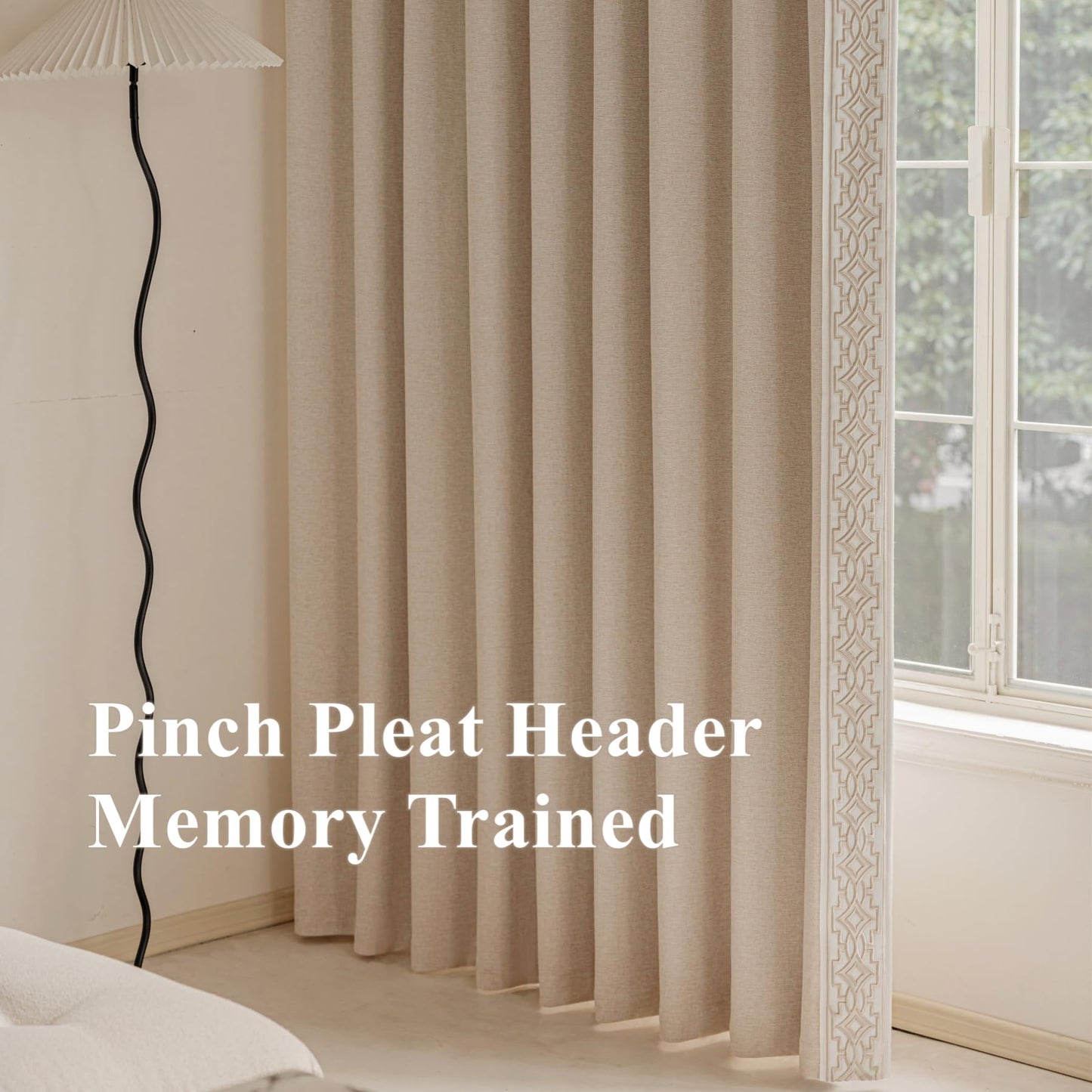 VisionaryHomeDesign Blackout Pinch Pleat Curtains with Embroidery Trim -Soft Beige Linen Blend Curtains for Living Room or Bedroom (50" W x 108" L)