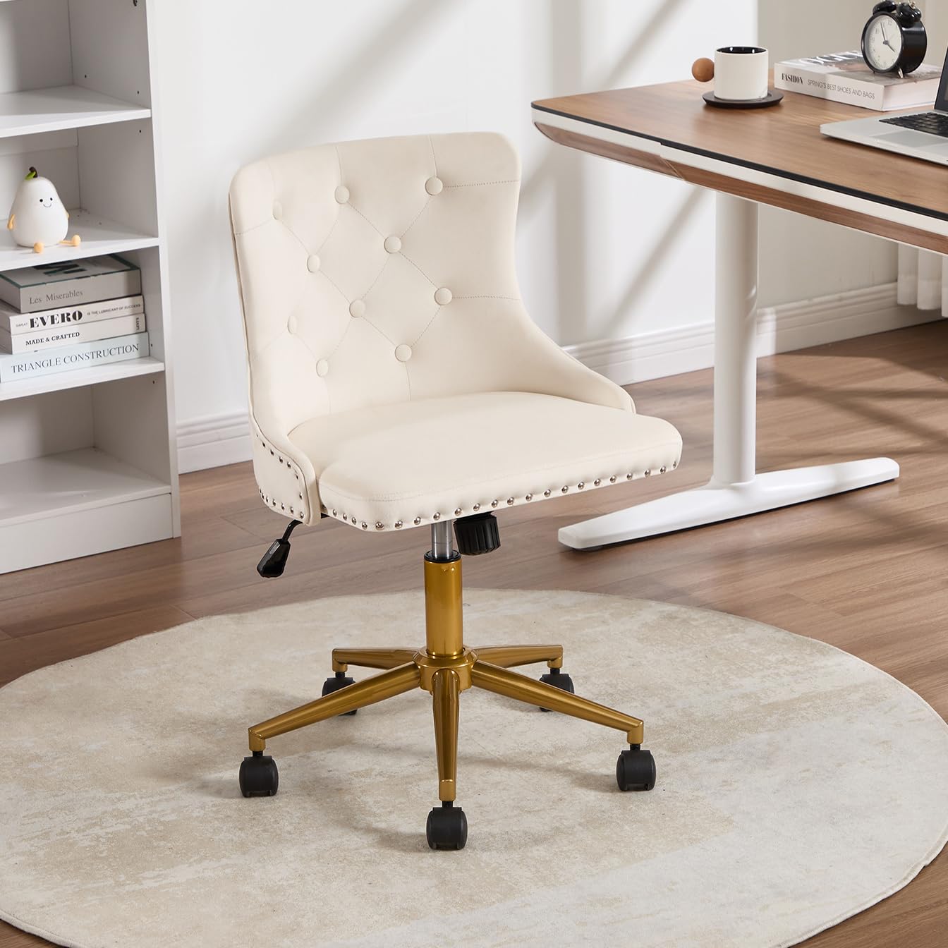 Beige Velvet Armless Desk Chair, Comy Vanity Chair with Rivet and Gold Base