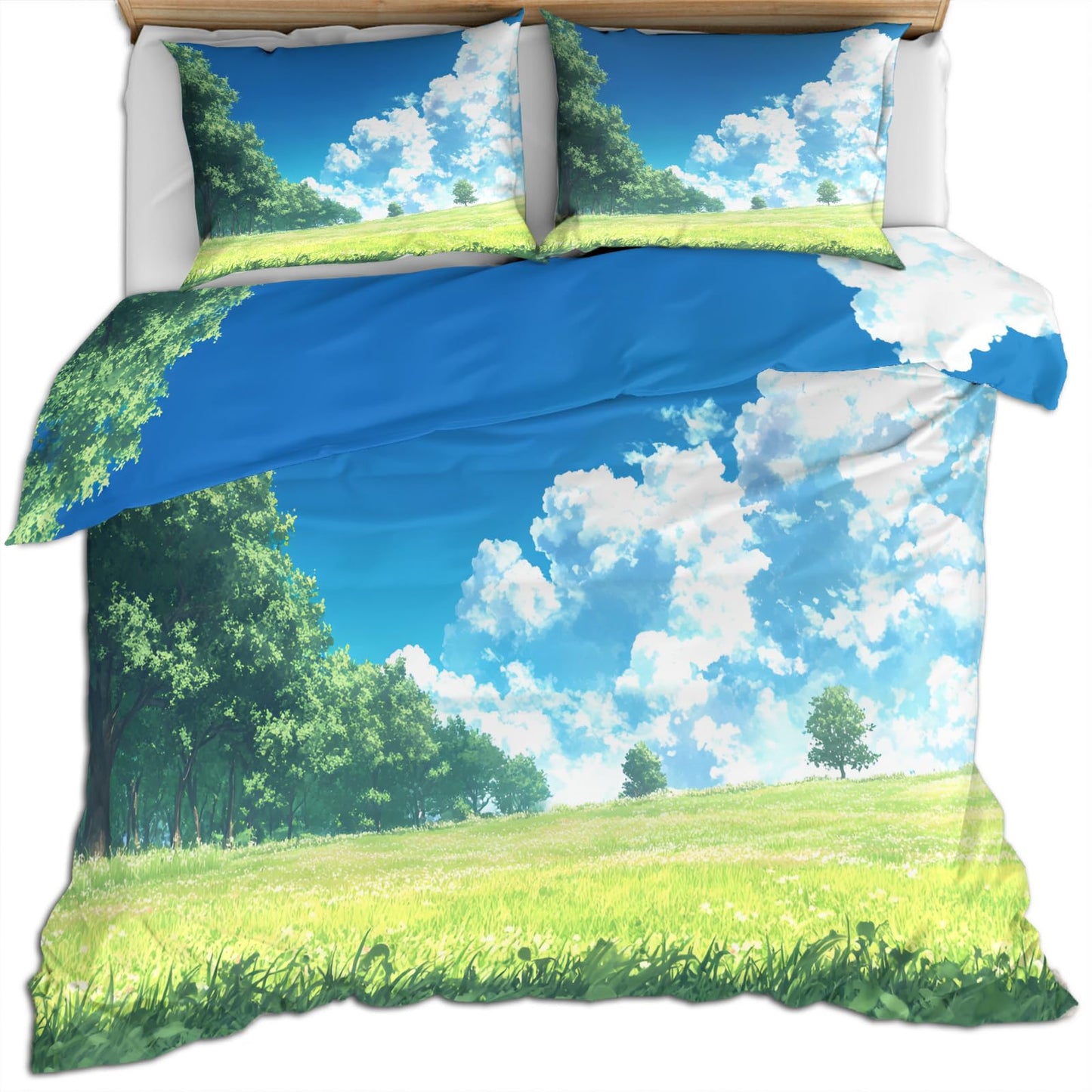 PAISUOQ Anime Duvet Cover Full, Spring Landscape Bedding, Cartoon Kids Comforter Cover with 2 Pillow Cases, 3 Pieces with Zipper & Ties, Bedroom Decor & Gifts