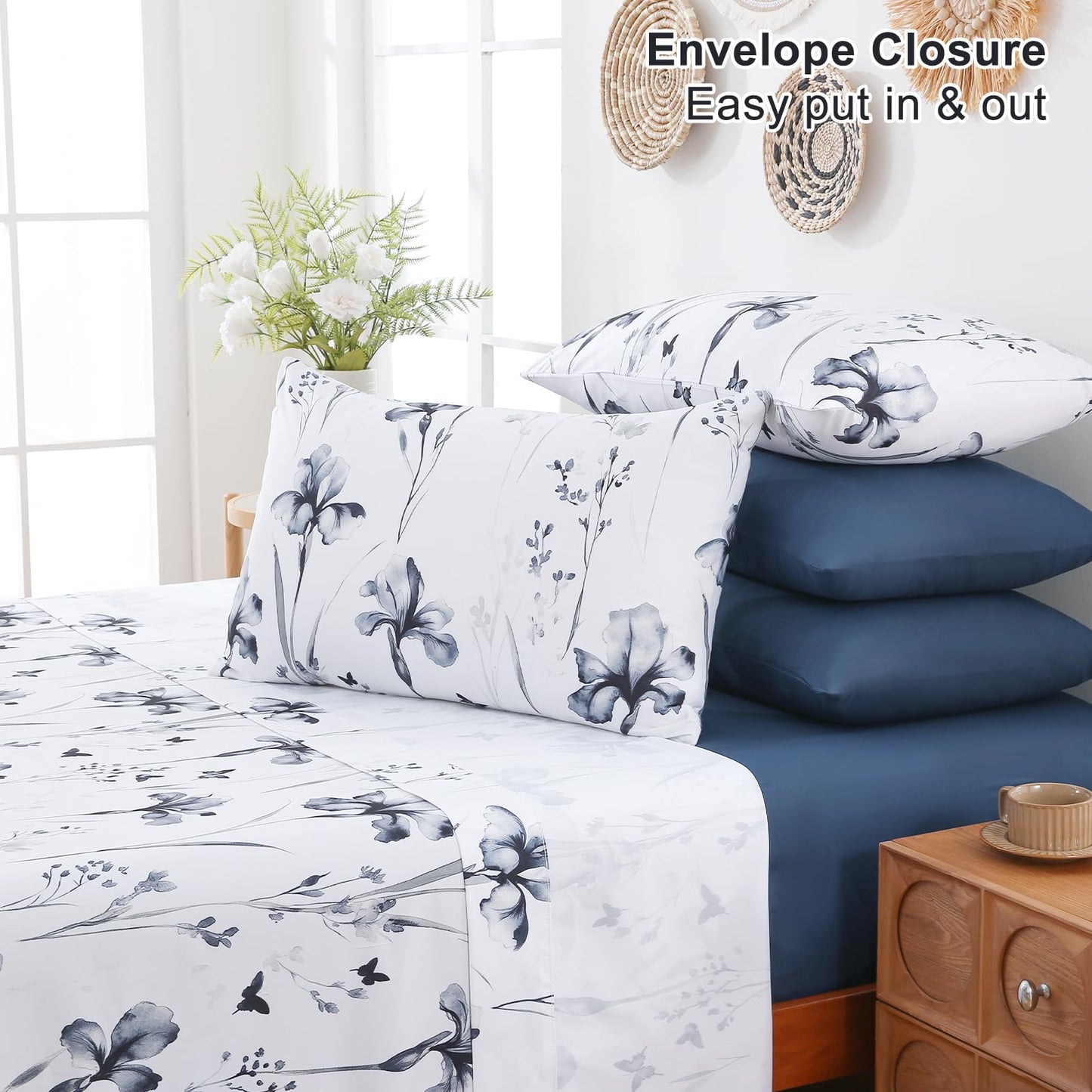 Swiftify Botanical Queen Bed Sheets Set 6-Piece, Boho Floral Brushed Microfiber Sheets, Cooling Bed Sheet Set, Soft & Breathable, 16' Deep Pocket Fitted Sheet & Pillowcase Set, Vintage Ink Iris