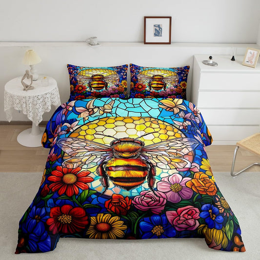 Feelyou Bee Comforter Set Queen Size Bee Rose Floral Bedding Set for Kids Boys Girls Garden Floral Flowers Decor Comforter Microfiber Honey Bee Duvet Set Bedroom Quilt Set