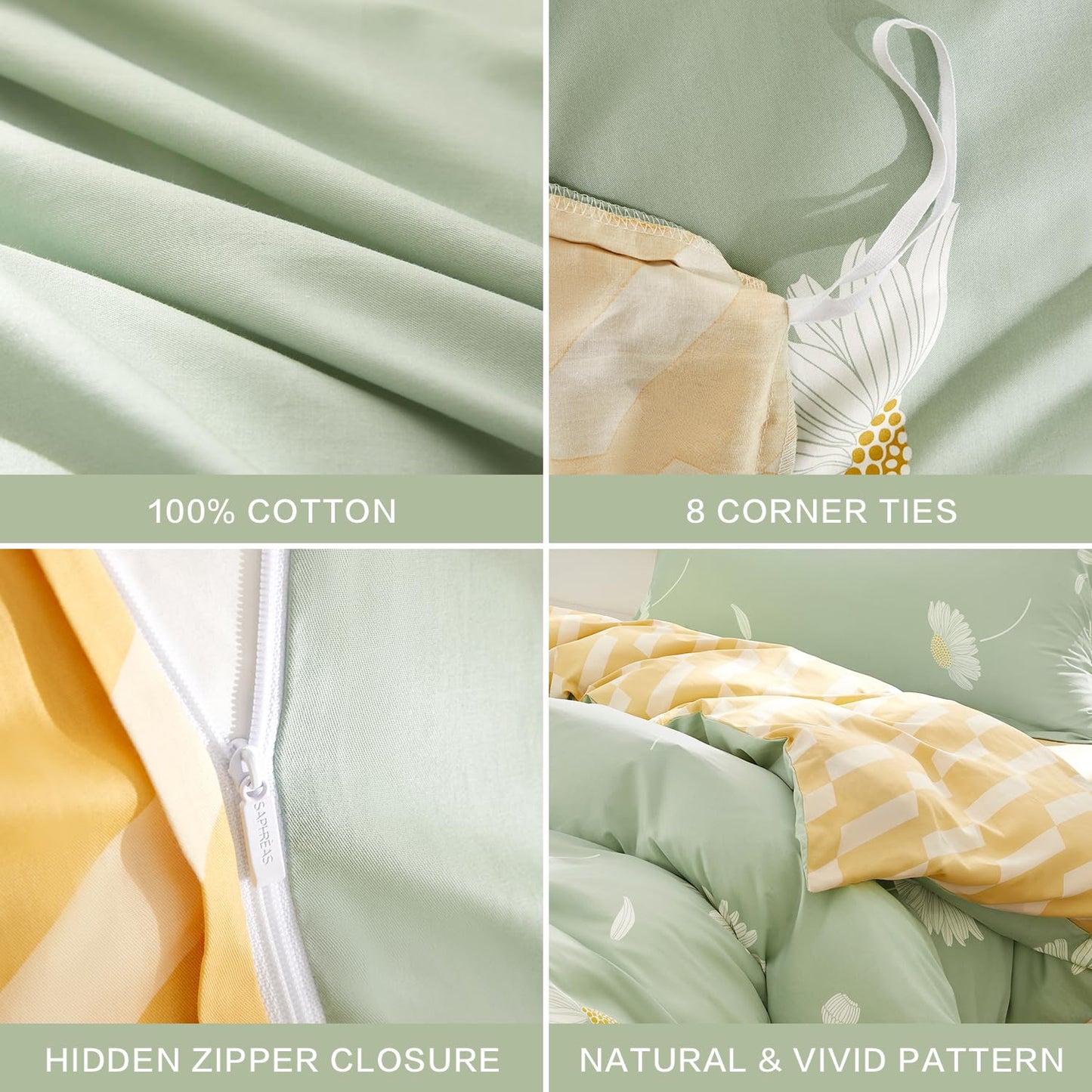 SAPHREAS Floral Daisy Duvet Cover Set Full Size 3pcs Sage Green White Flower Bedding Comforter Cover Set 100% Cotton 1 Duvet Cover 90"x80" 2 Pillow Shams, Comforter Not Included
