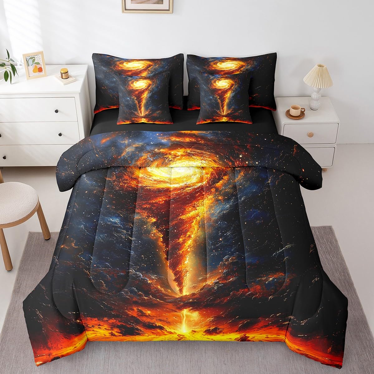 Erosebridal Tornado Comforter Set Queen,Dreamy Golden Nebula Bed in a Bag for Kids Boys Teens,Lava of Volcano Bedding Set 7Pcs,Starry Sky Galaxy Stars Quilt