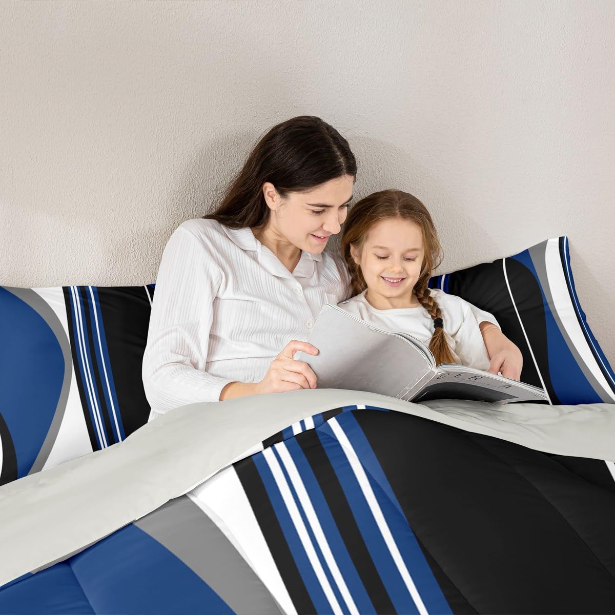 Erosebridal Blue Black Abstract Queen Comforter Set for Adult Women Men Grey Modern Striped Bedding Set Geometric Stripes Lines Bed Set Contemporary Art Boho Quilt Set for Minimalist