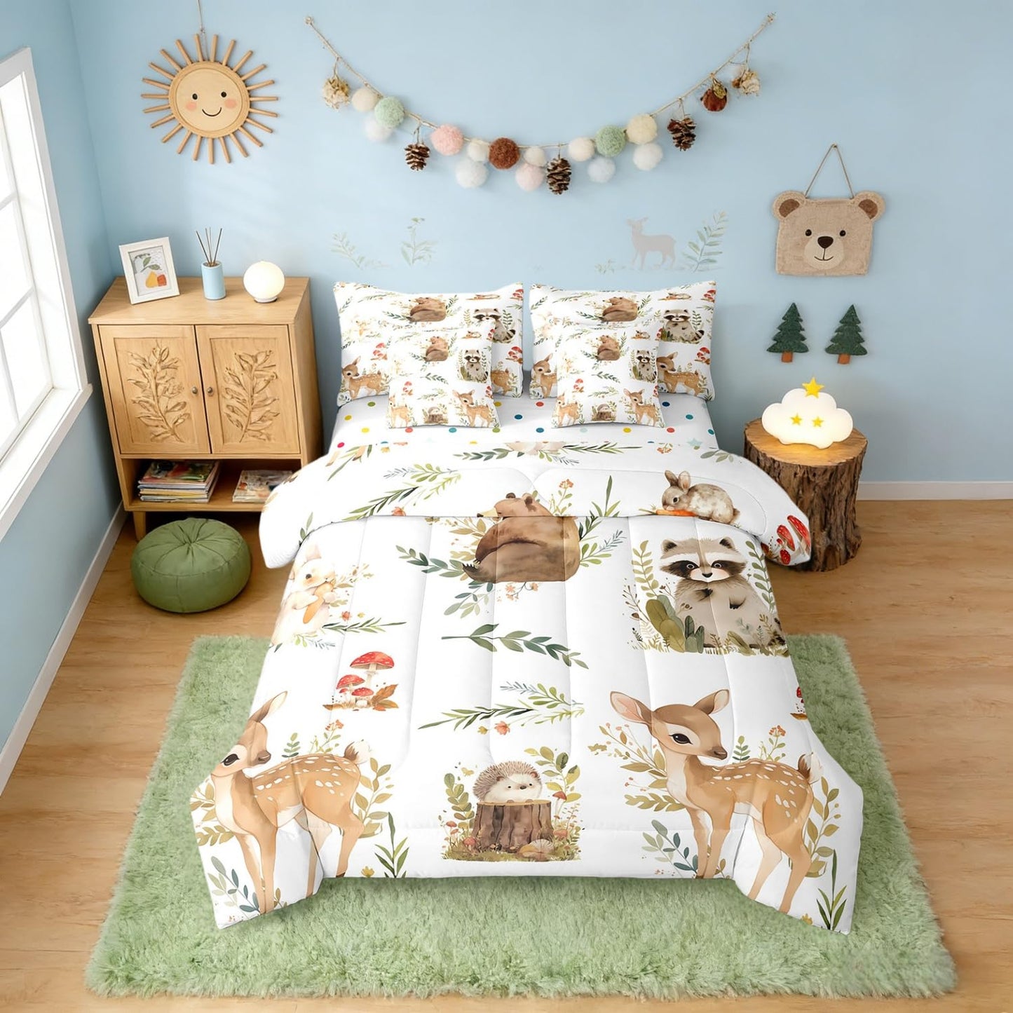 Erosebridal 7 Pcs Woodland Animals Kids Bedding Set Twin Cute Forest Raccoon Bear Deer Comforter Set with Sheets for Boys Girls Teens Jungle Safari Animals Bed in A Bag Botanical Mushroom Bed Sets