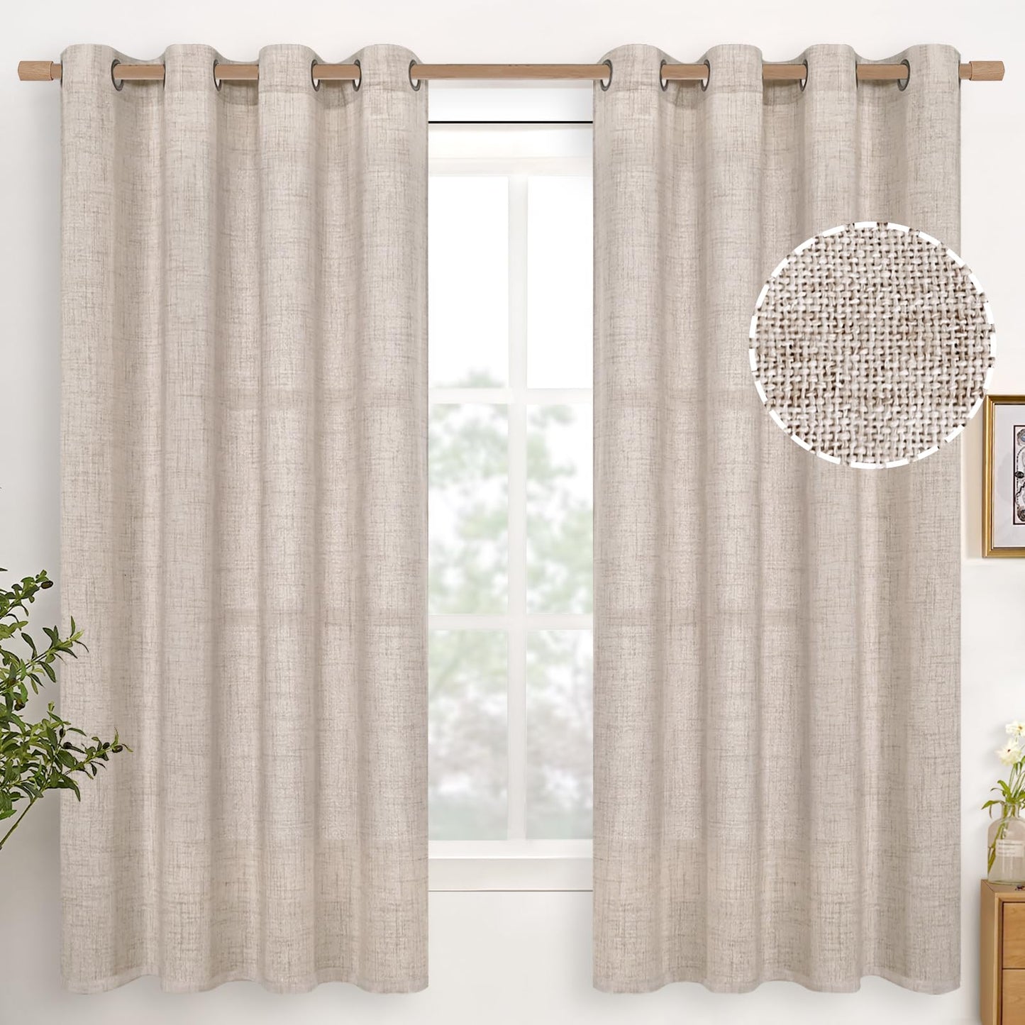YoungsTex Linen Semi Sheer Curtains 63 Inch Length 2 Panels for Living Room - Light Filtering Drapes with Bronze Grommet Beige Window Treatments for Office Bedroom, 52 X 63 Inch