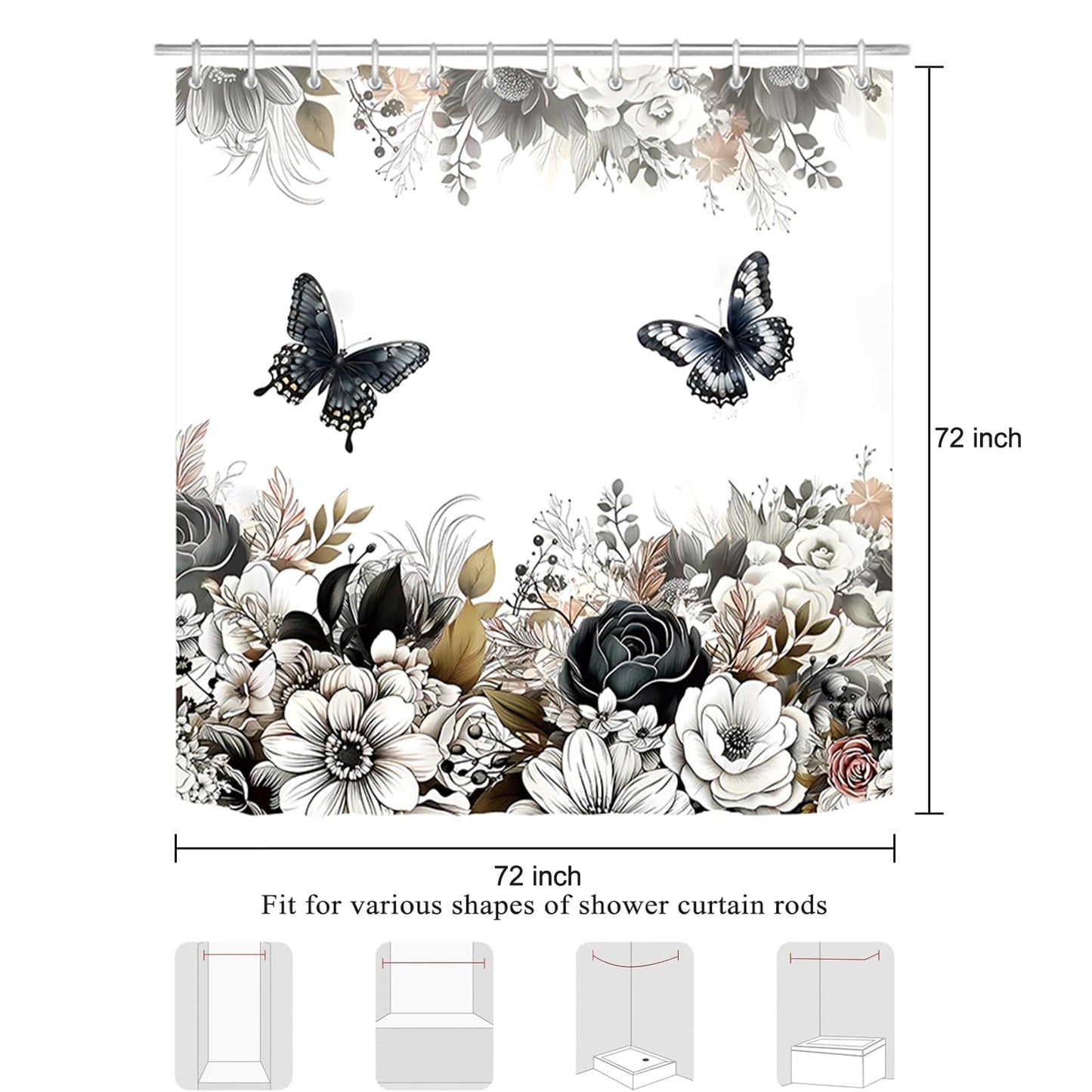 Aqrbeci Black White Floral Shower Curtain, Flower Butterfly Shower Curtains for Bathroom Grey Floral Leaf Waterproof Fabric Bathroom Curtains 72x72 Inch with 12 Plastic Hooks
