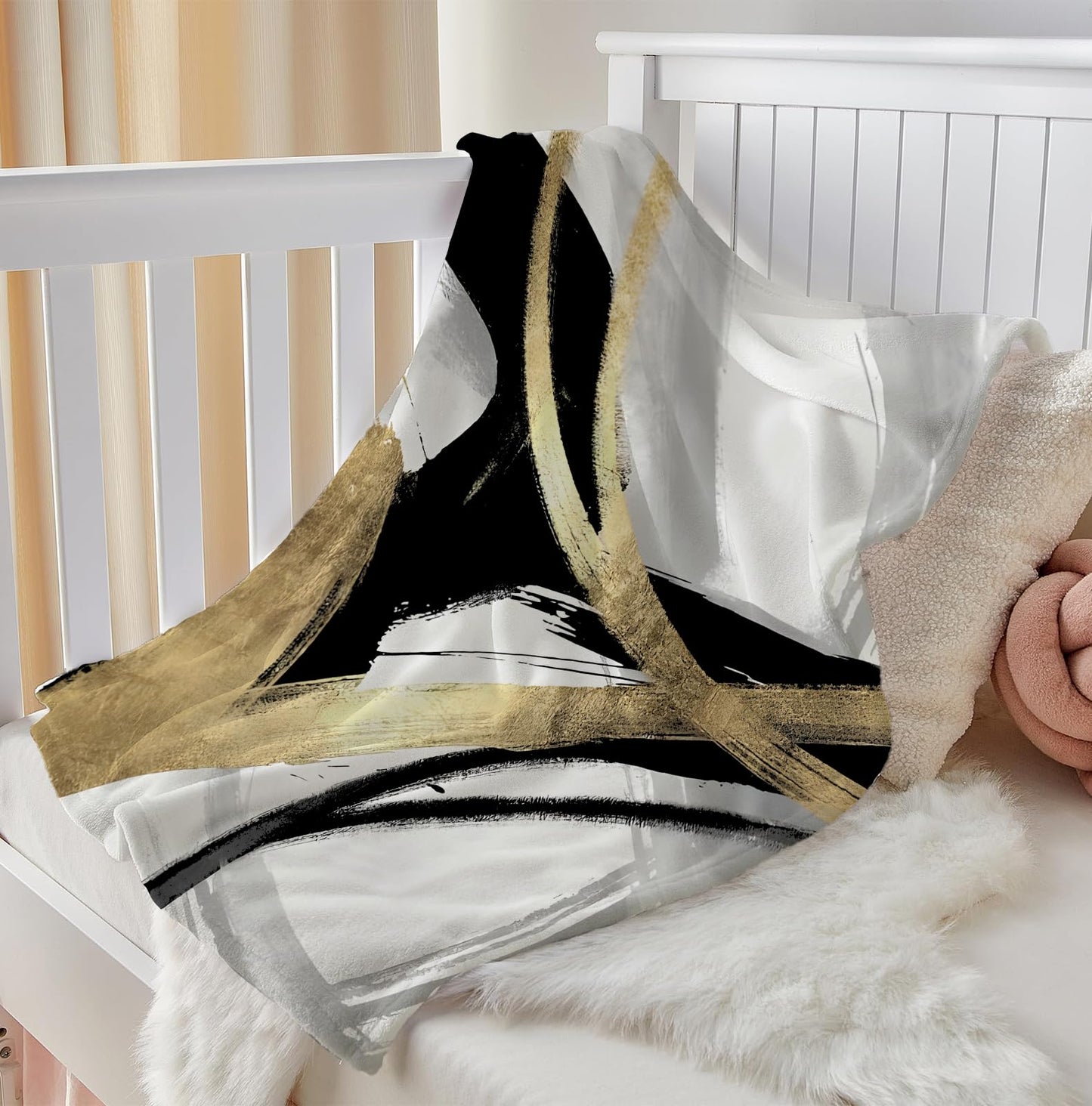 SPBL&L Black White and Gold Abstract Blanket, Minimalist Modern Ink Line Throw Blanket for Bed Couch Bedroom Living Room, Modern Room Home Decor
