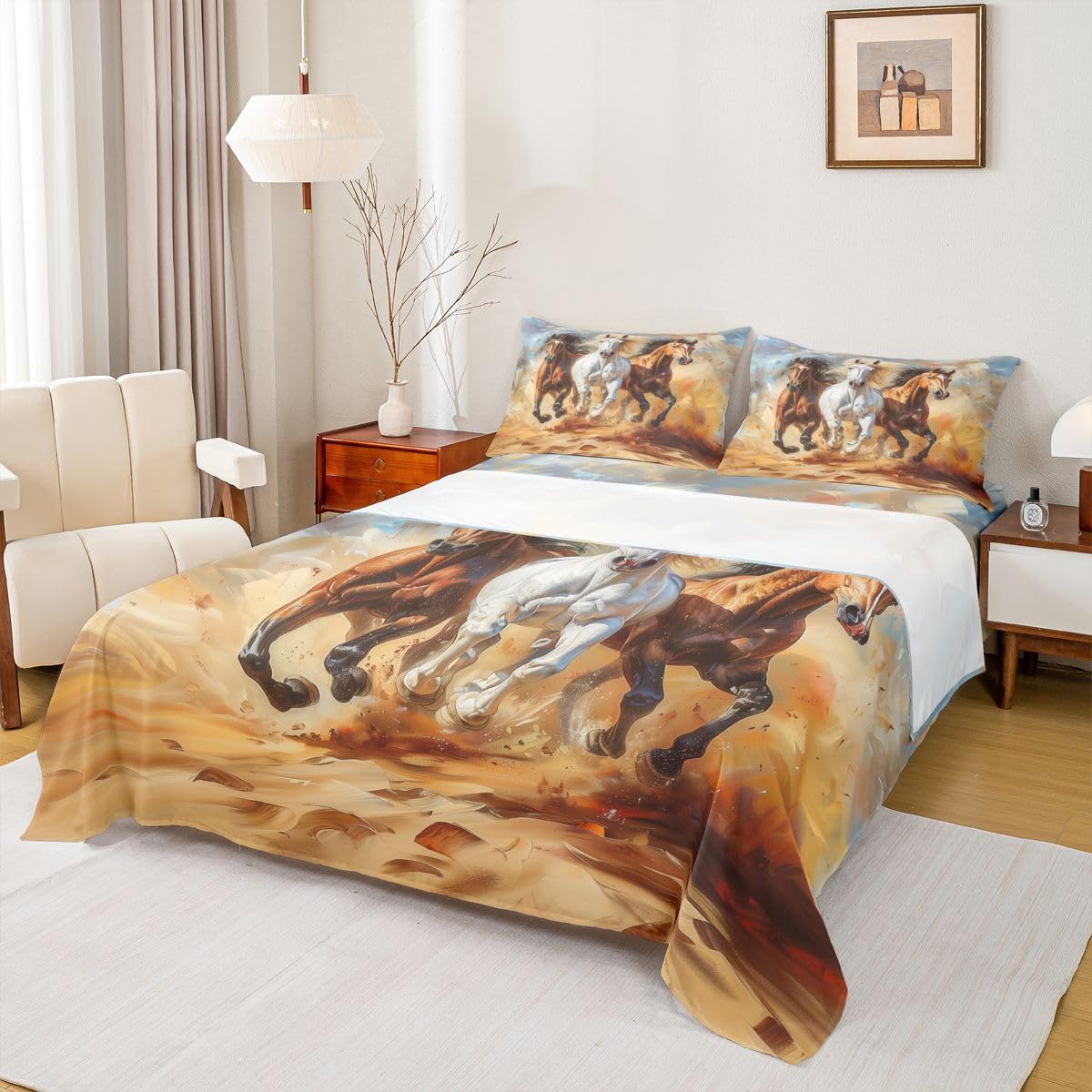 jejeloiu Galloping Horse Bed Sheets Sets Queen Size Kids Boys Girls Wild Animal Bedding Set Handsome Horse Bed Sheet Set with 16-Inch Deep Pockets Western Farm Animals 4Pcs with 2 Pillow Cases