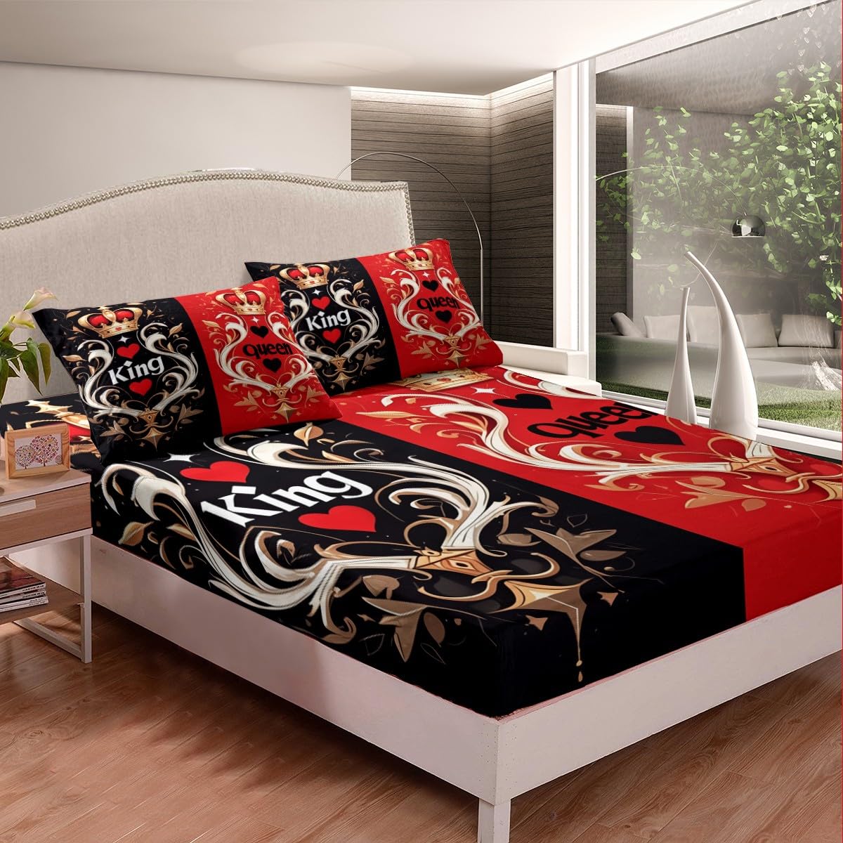 Feelyou Boys Girls Couple Lover Bedding Set Full Size, Valentine's Day Bed Sheet Set for Love Heart Fitted Sheet Kids Romantic Teens Bed Cover Bedroom Decor 3Pcs (No TOP Sheet)