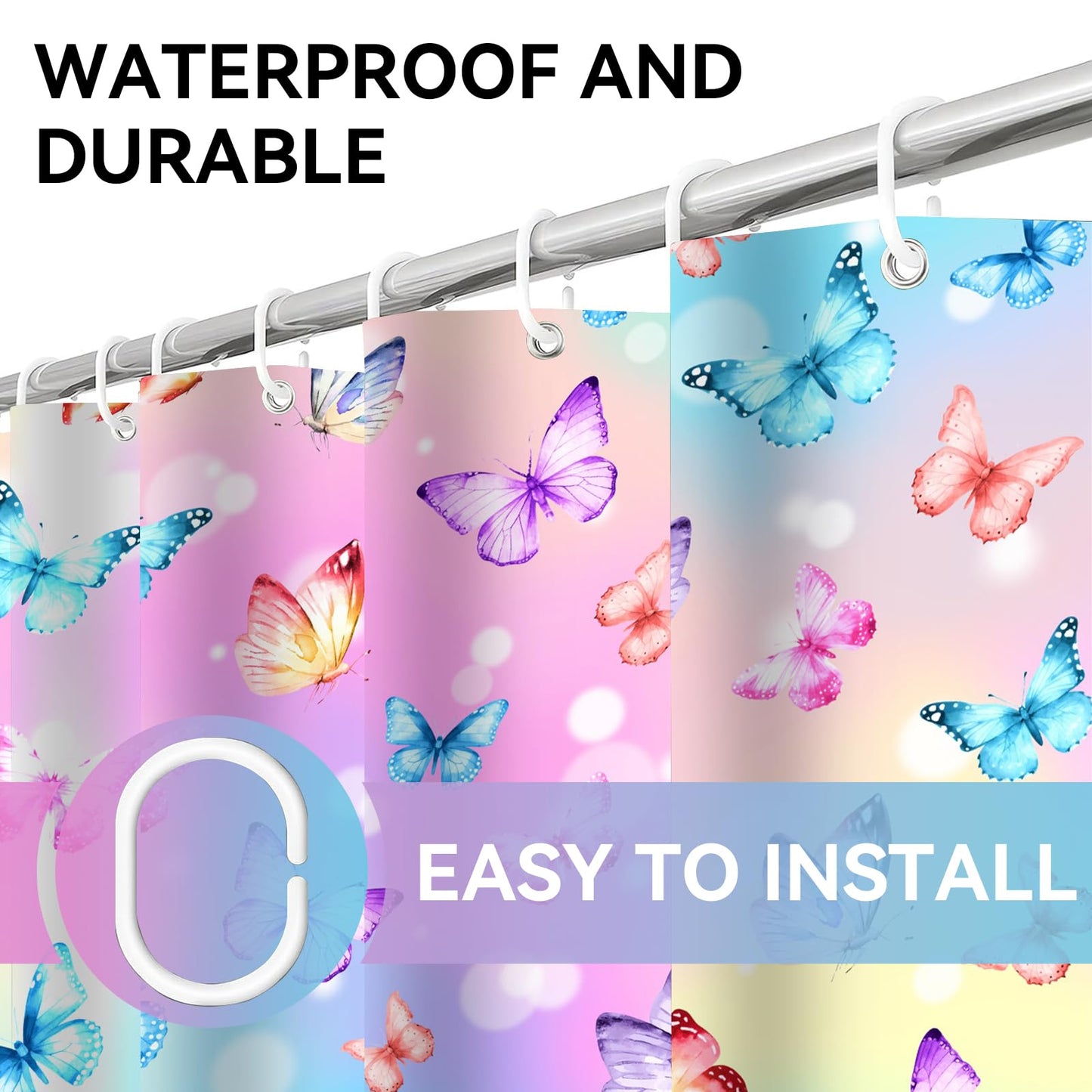 Muuyi 4Pcs Pink Bathroom Sets with Shower Curtain and Rugs, Gradient Butterfly Cute Shower Curtain Set, Women Girly Bathroom Decor, Includes Non-Slip Bath Mat, Toilet Lid Cover & 12 Hooks, 71" x 71"