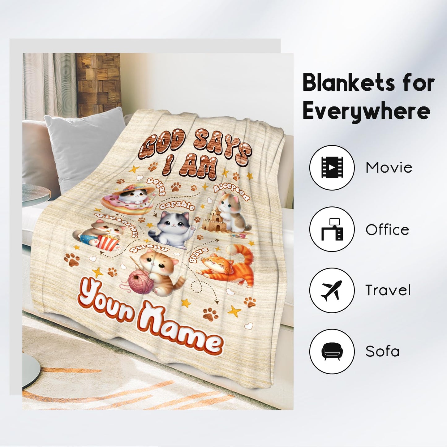 Personalized Cat Blankets with Name, Cat Themed Gifts for Girls Cat Lovers, Animal Print Blanket with Cats on It, God Says I Am Blanket for Kids Daughter Son, Fleece Throw Blankets for Bed, 60"x80"