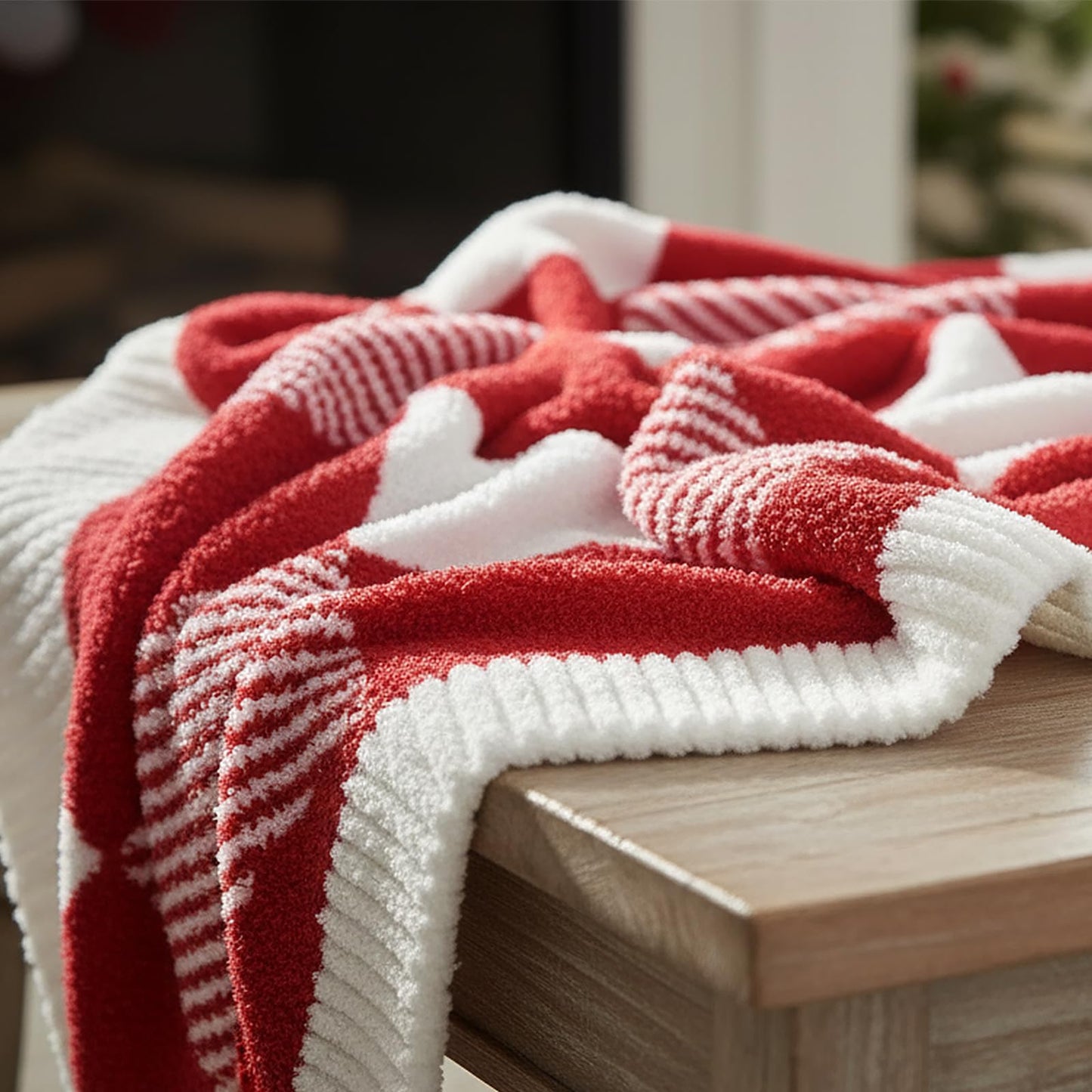 MACEVIA Knit Fuzzy Throw Blanket for Couch 50" x 60" (Checkered Red White)