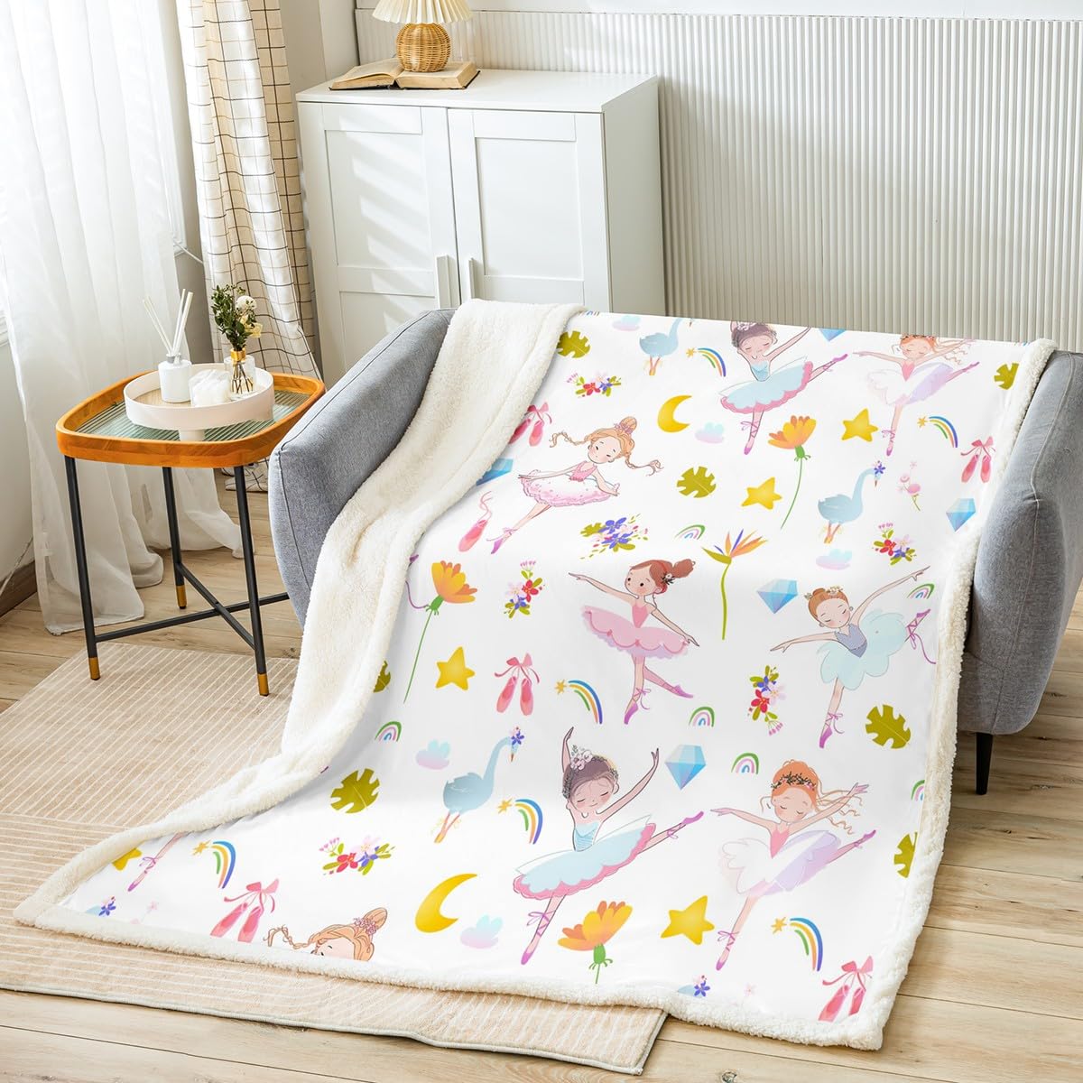 Girls Pink Ballerina Print Fleece Throw Blanket - Soft Fuzzy Plush for Bed, Couch, Toddler - Cute Floral Tropical Palm Leaf Sherpa - Ballet Dancer Room Decor - 50"x60"