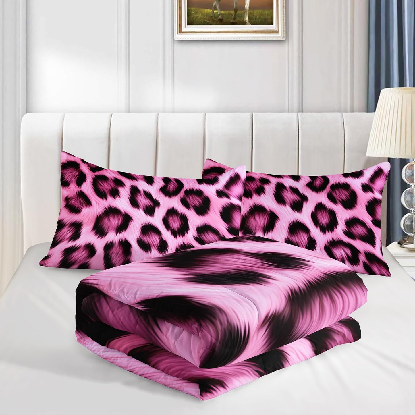 QOOMO 3Pcs Pink Leopard Print Comforter Set Twin,Cheetah Bedding Set for Teens Boys Girls,Wild Animal Printed Comforter with 2 Pillowcases,Down Alternative,Soft and Lightweight