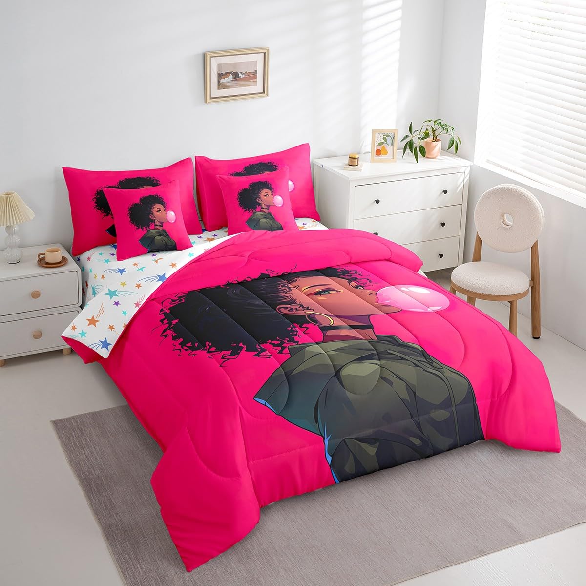 jejeloiu Kids Cool Black Girl Comforter Set 7 Pieces Full Size African American Girl Bedding Set for Boys Girls Pink Bed in a Bag with Comforter, Sheets, Pillowcases & Cushion Covers（No Glitter）