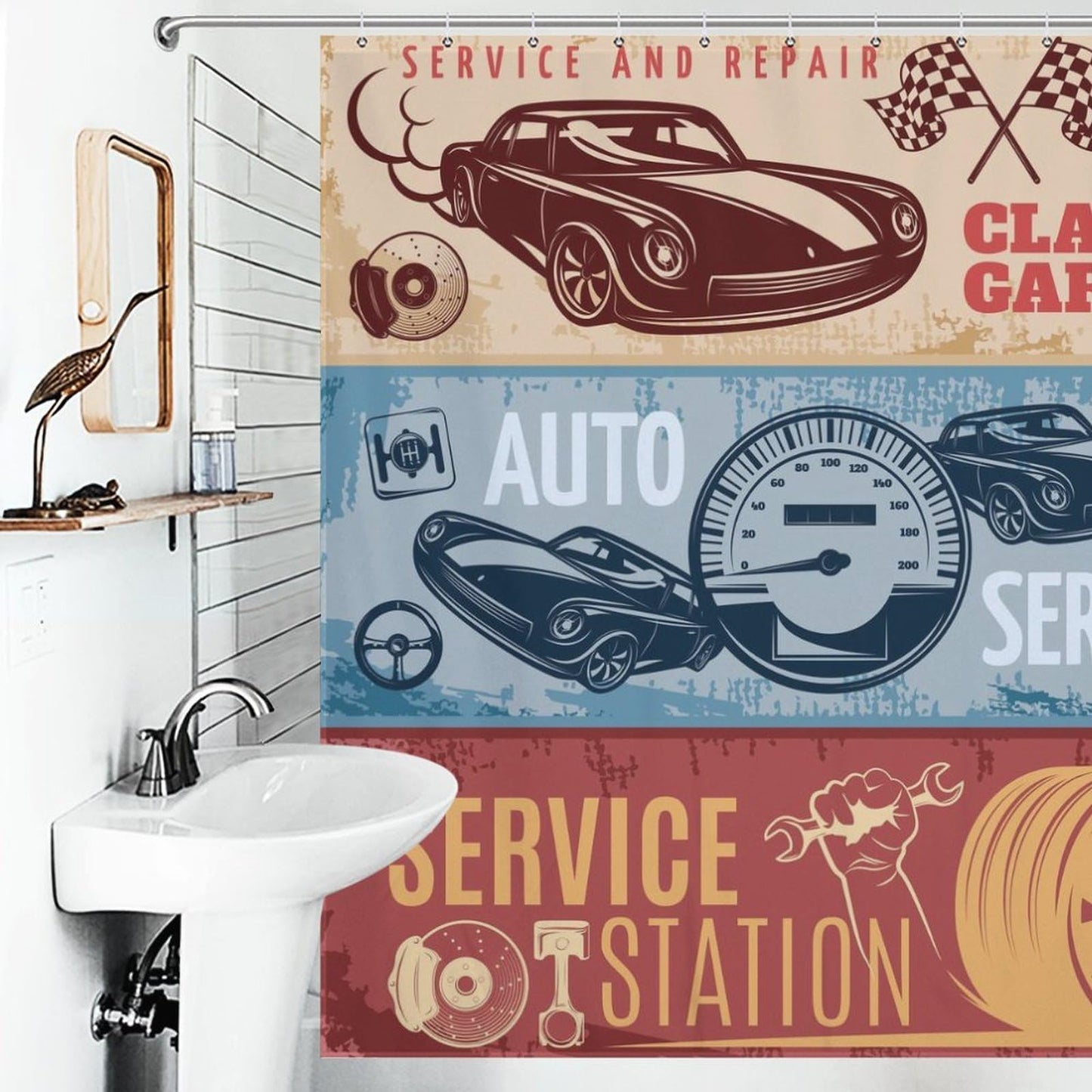 ICMOLYYENLO Race Car Themed Shower Curtains Home Decor, Checkered Flag Print Bath Curtain,Red Stripes Geometric Grid Plaid Cloth Waterproof Fabric Bath Room Decor Set with Hooks, 66x72 Inch