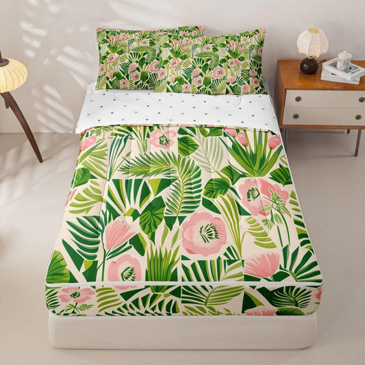 jejeloiu Floral Zipper Bedding Sets for Kids Boys Girls Pink Green Flowers Twin Comforter Set with Fitted Sheet Coloful Botanical Bedroom Decor Cute Microfiber with 2 Pillow Cases