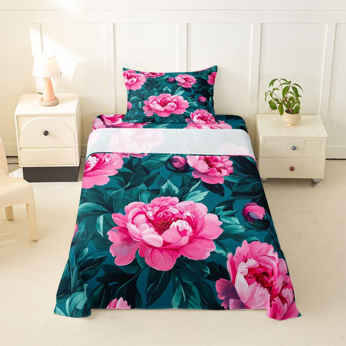 Erosebridal Pink Peony Sheet Set Vintage Bohemian Flowers Twin Sheets Set for Children Boys,Oil Painting Floral Leaves Country Flower Rustic Fitted Sheet