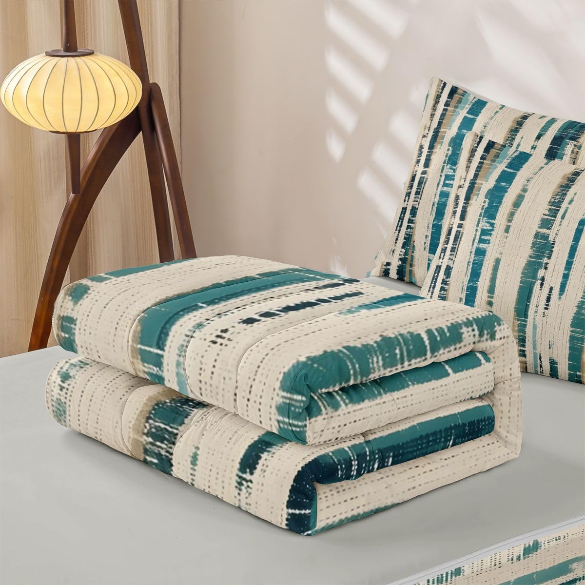 Feelyou Textured Coastal Stripe Zipper Bedding Queen Abstract Teal Ombre Bedding Sets for Kids Boys Girls Modern Comforter Set with Fitted Sheet 2 Pillowcases One Zipper Bed Set for All Seasons