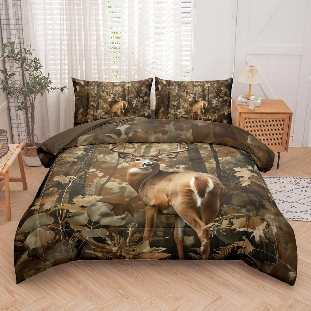 RUPSLO 5 Pieces Deer Comforter Sets,Camo Bedding Set,Deer Western Comforter Sets for Boys,Twin Size Bedding Set for Boys,Camo Bed Sets with Sheets