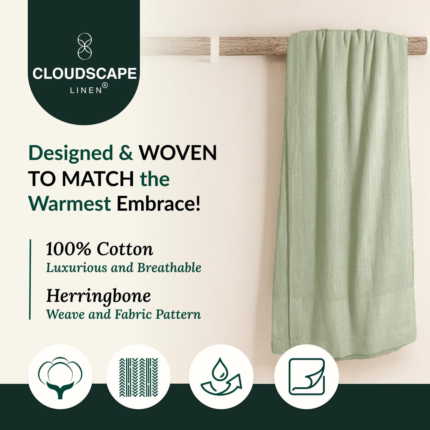 CLOUDSCAPE 100% Cotton King Size Blanket, Soft Herringbone Weave, 92"x108", Fits Upto Cal King, Breathable Lightweight Summer King Cotton Blanket for Adults, All Season Blankets - Seafoam